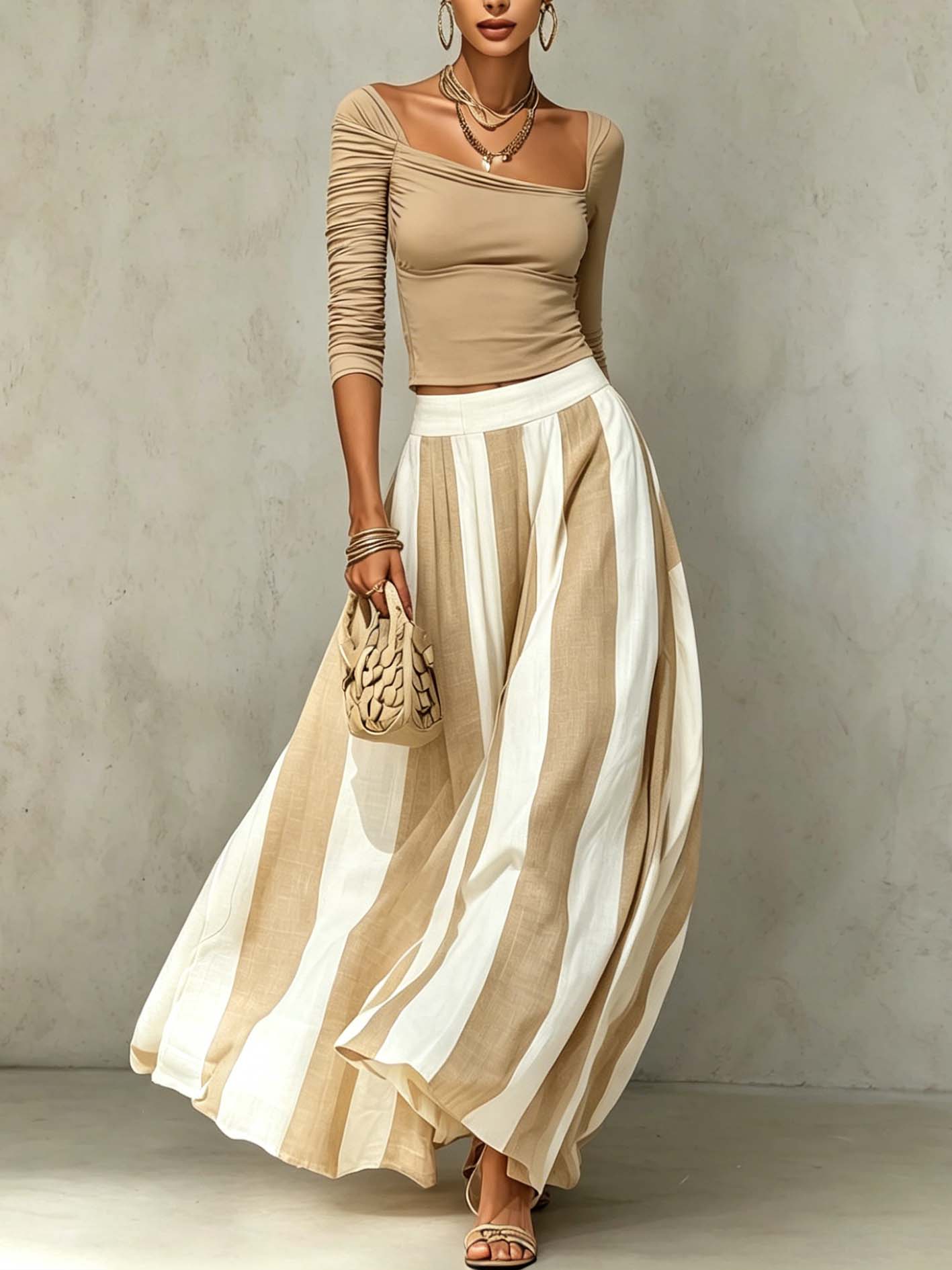 Beige And White Ruched Top And Striped Maxi Skirt Set