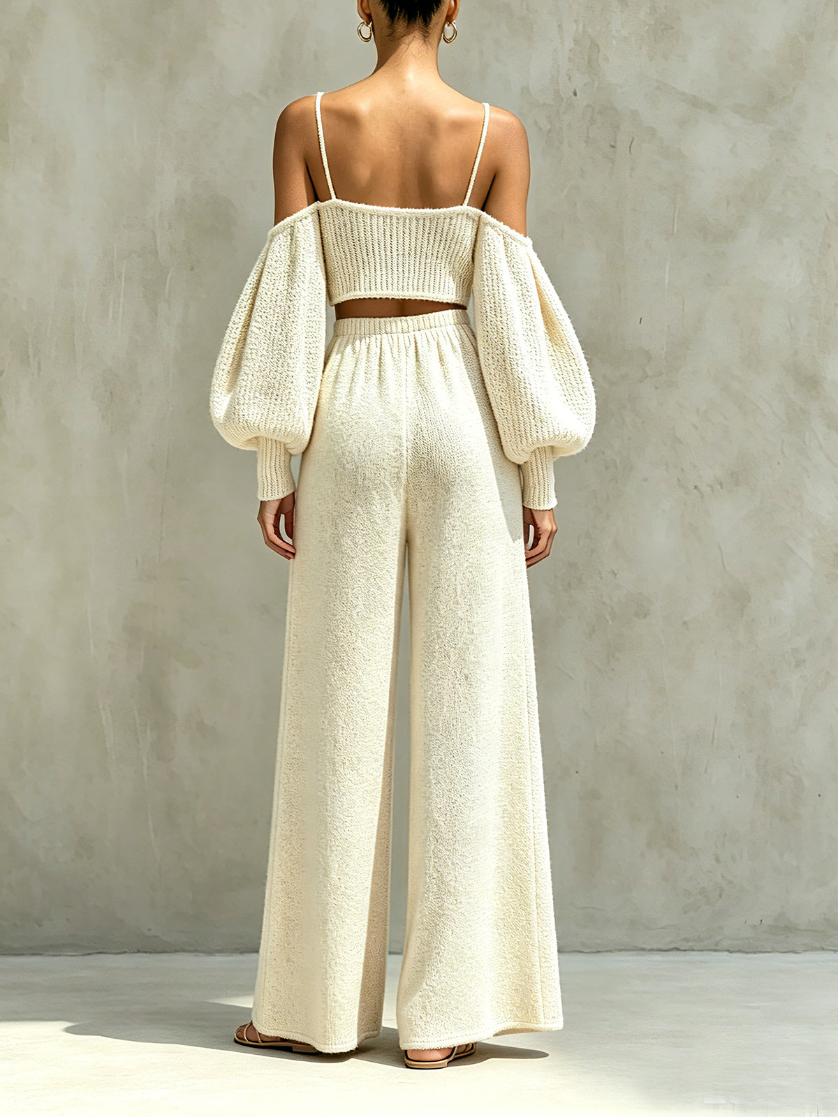 Cream Textured Knit Crop Top And Wide-Leg Pants Set