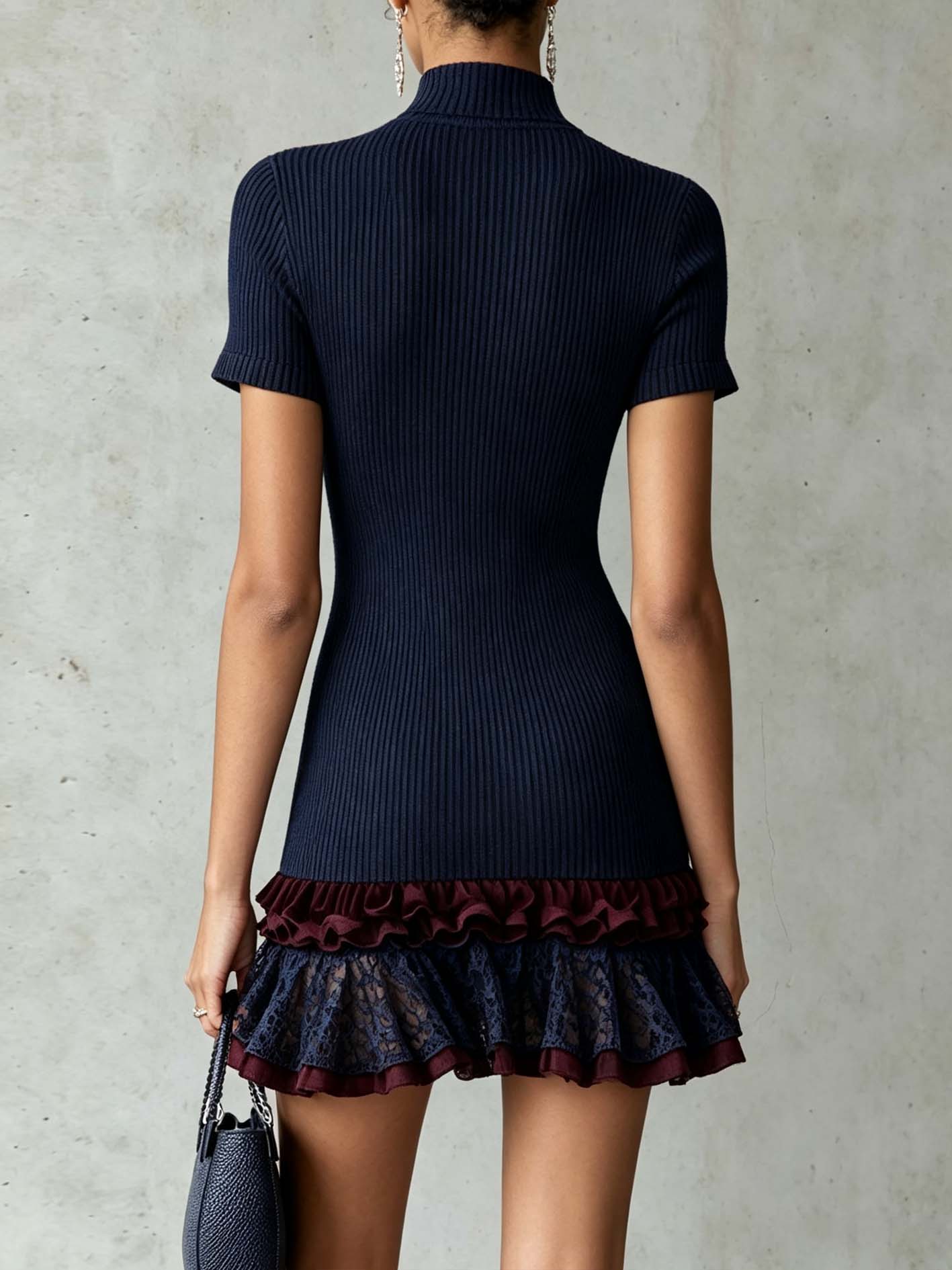 Navy Ribbed Knit Mini Dress With Lace Hem And Ruffle Trim