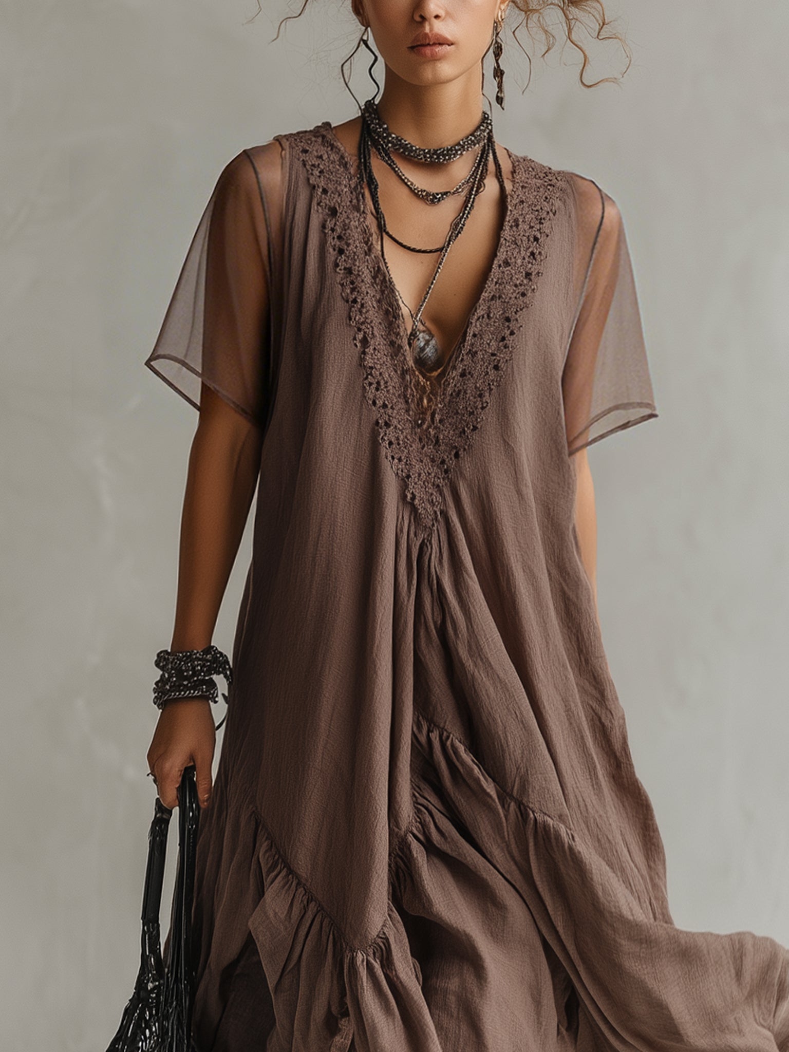 Taupe Linen Short Sleeve Maxi Dress