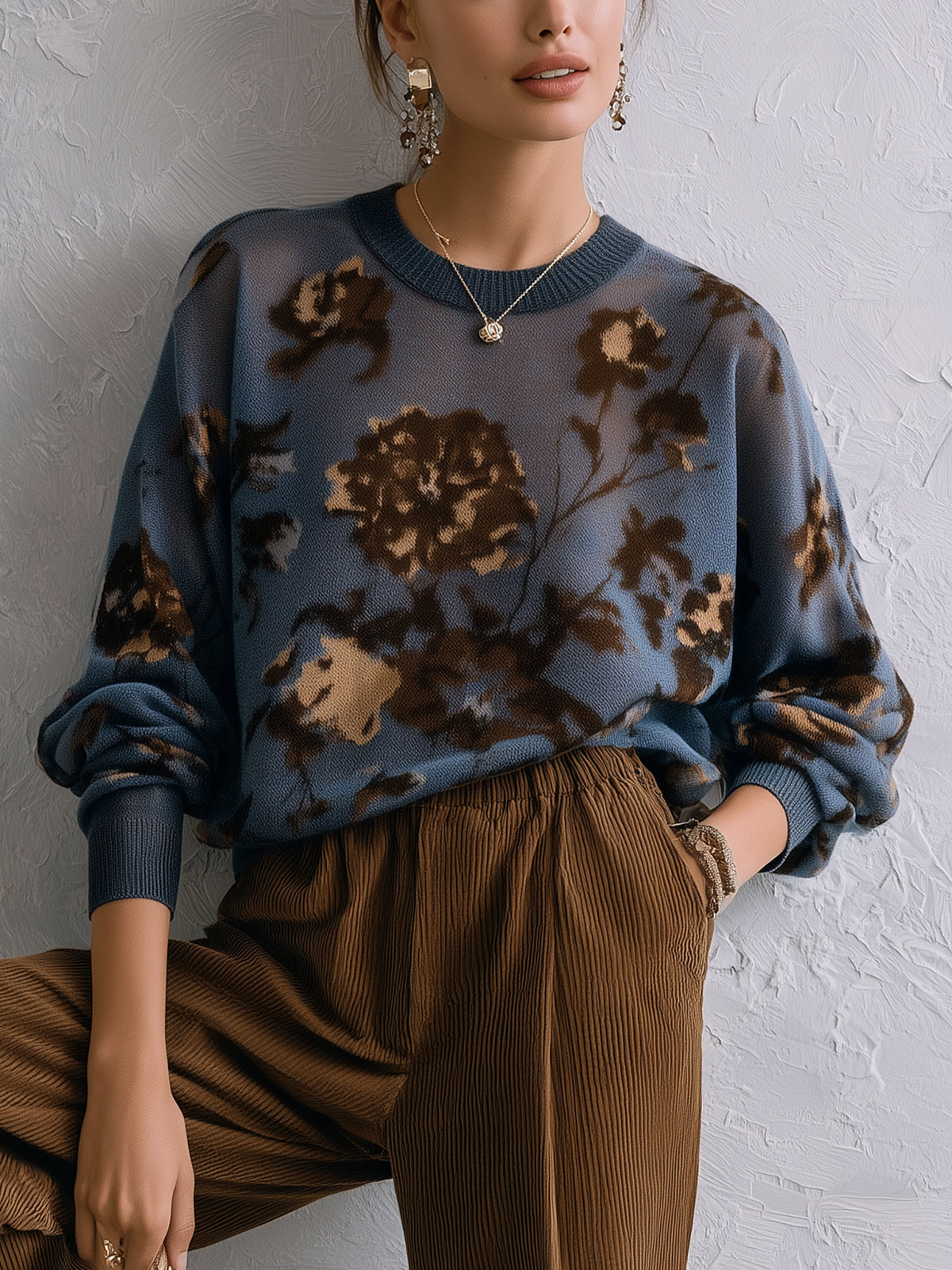 Blue Floral Oversized Knit Sweater