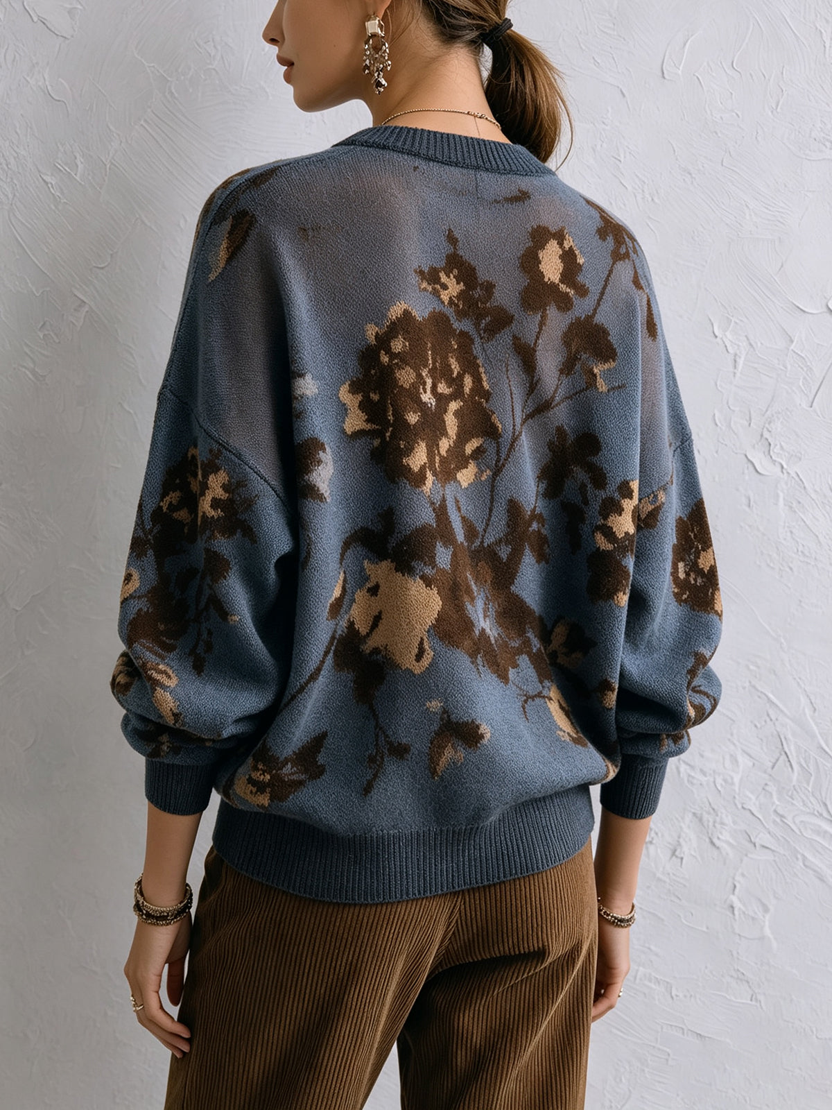 Blue Floral Oversized Knit Sweater