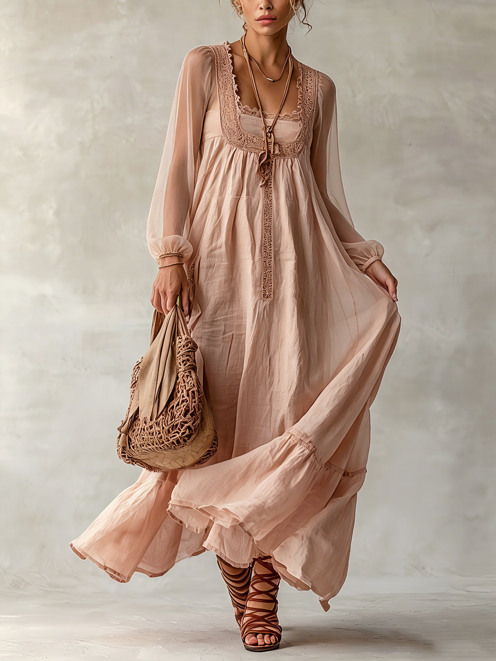 Pink Linen Long Sleeve Maxi Dress