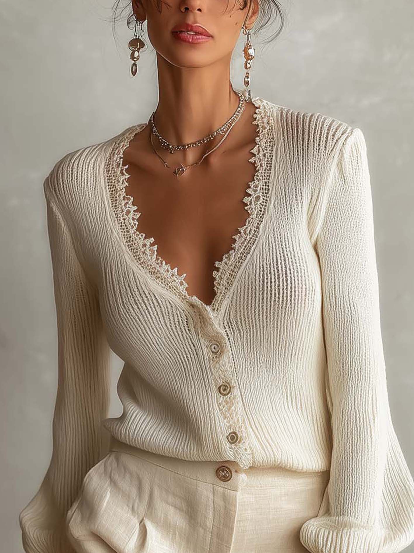 White Ribbed Knit Cardigan With Lace Trim And Button Front