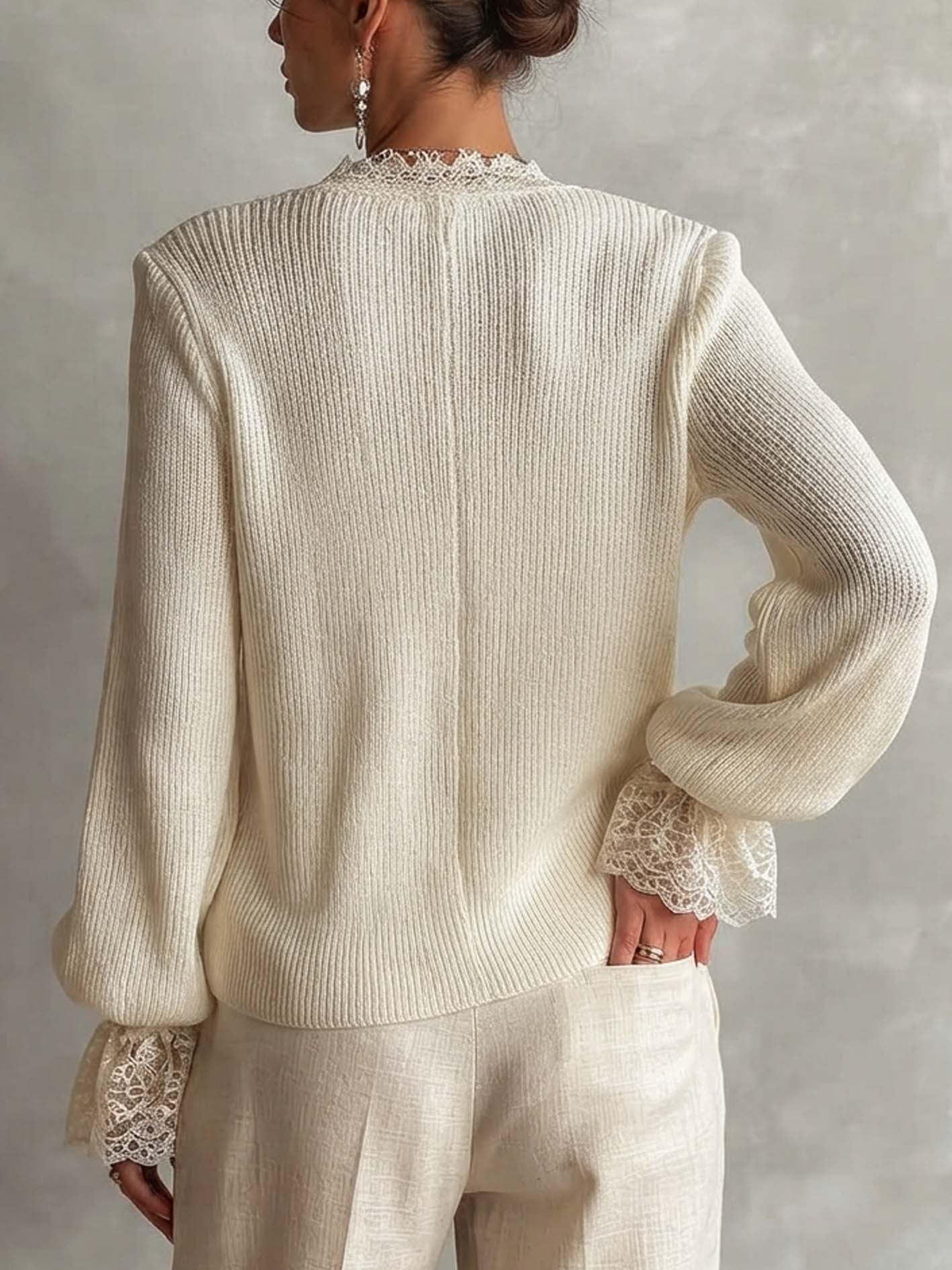 White Ribbed Knit Cardigan With Lace Trim And Button Front