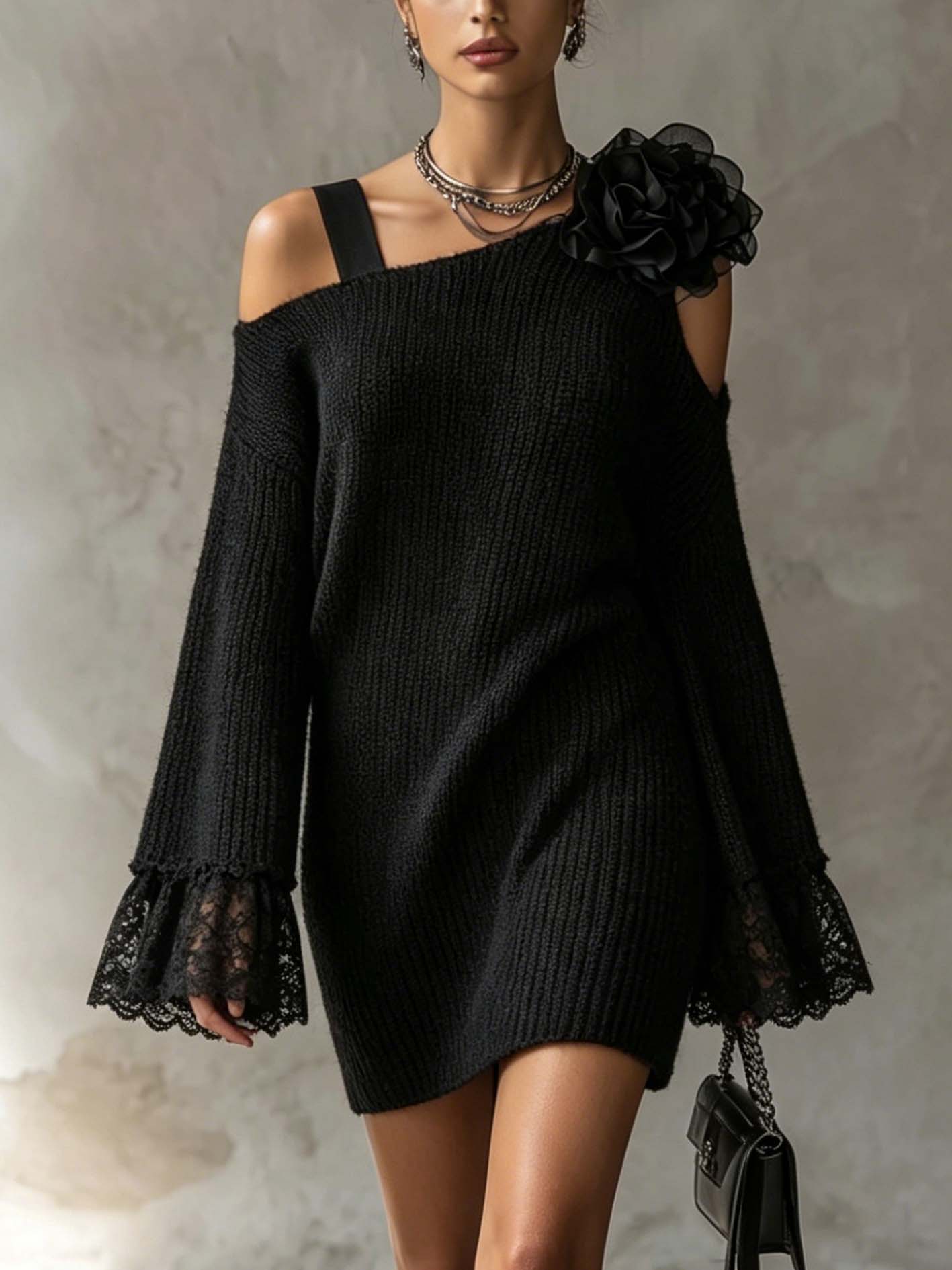 Black One Shoulder Knit Mini Dress With 3D Floral Applique And Lace Cuffs