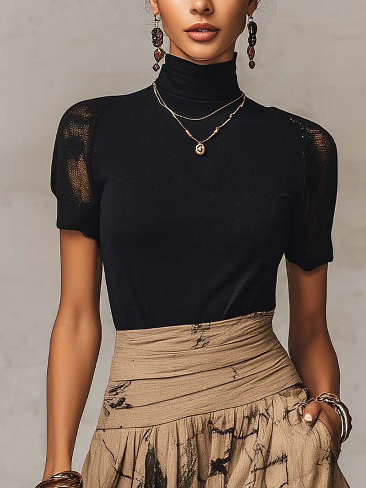 Black Mock Neck Top And Abstract Print Maxi Skirt Set With Sheer Lace Sleeves
