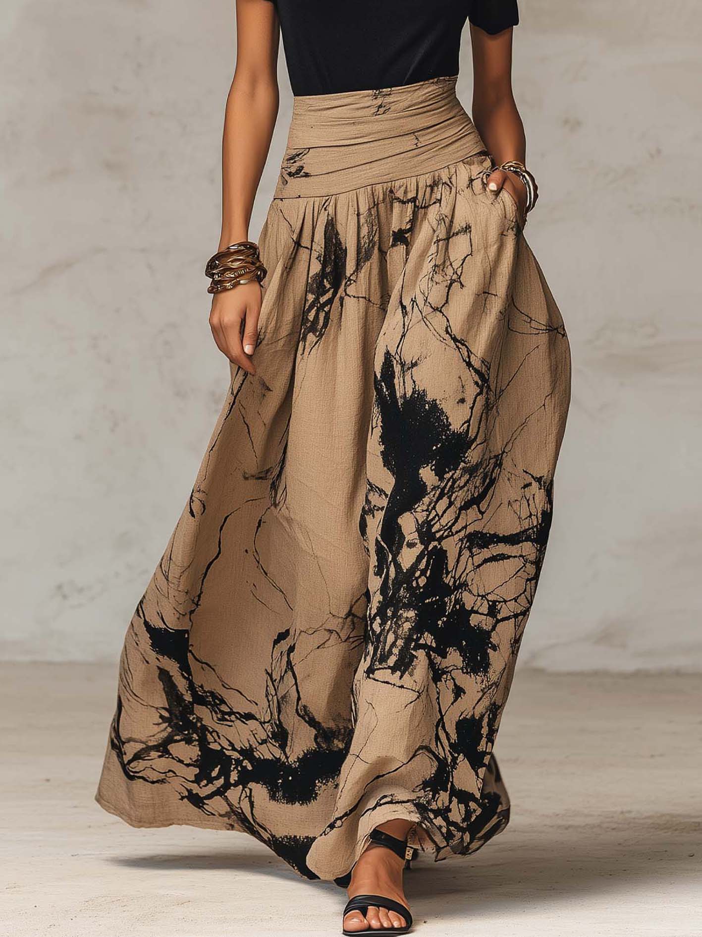 Black Mock Neck Top And Abstract Print Maxi Skirt Set With Sheer Lace Sleeves