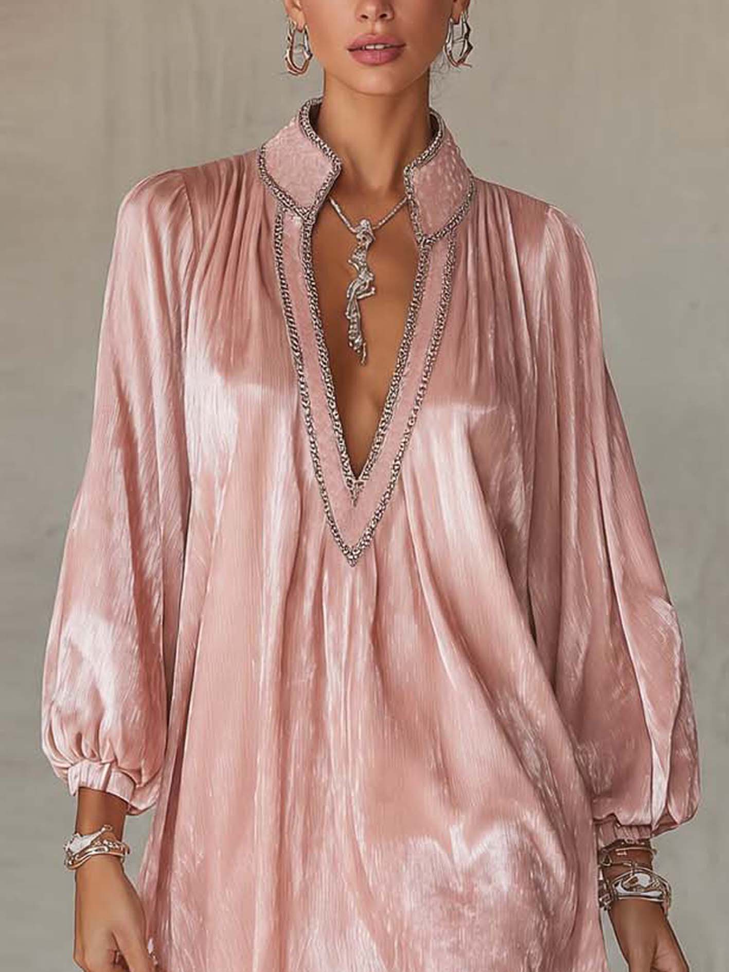 Pink Velvet Mini Dress With Rhinestone Trim And Deep V-Neck
