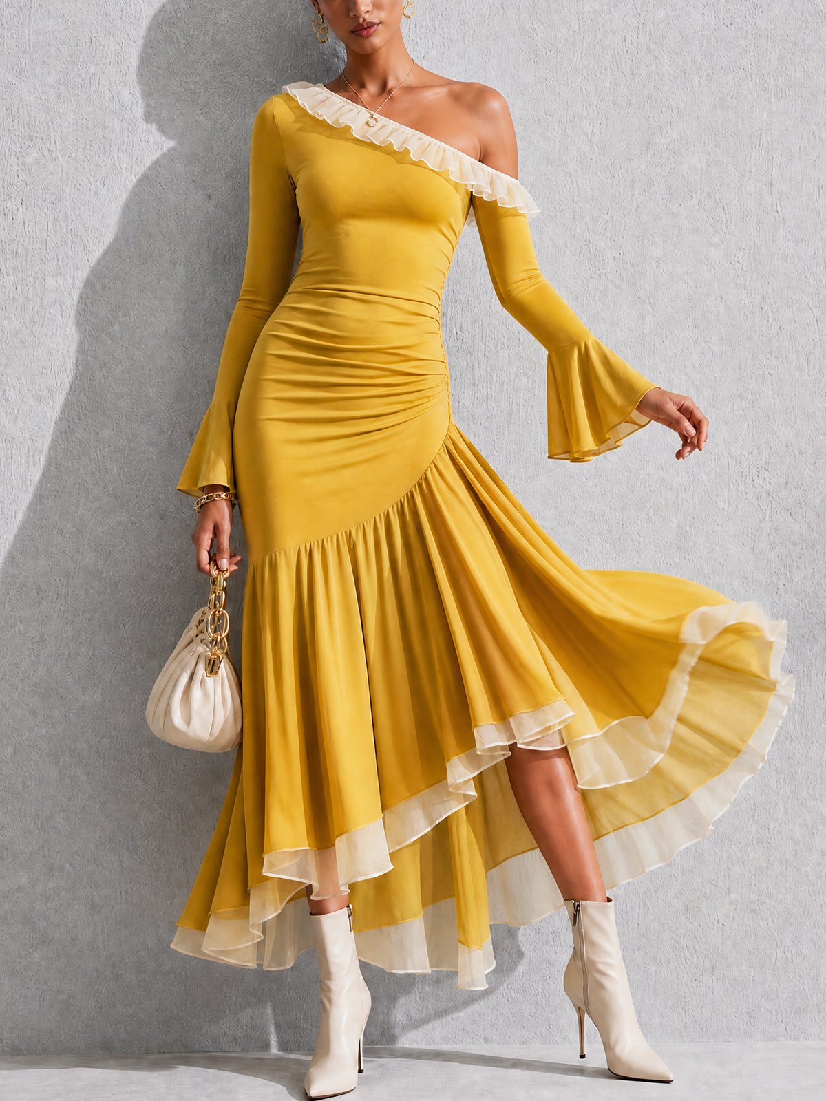 One-Shoulder Yellow Ruffle Hem Midi Dress