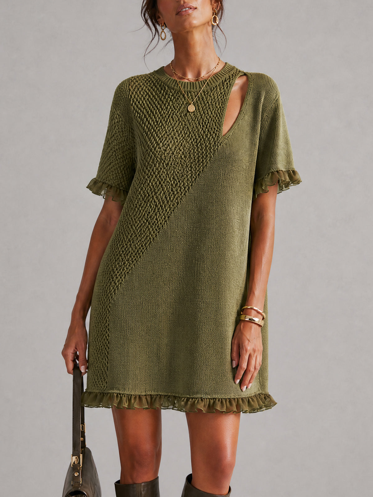 Olive Cutout Ruffle Trim Knit Mini Dress