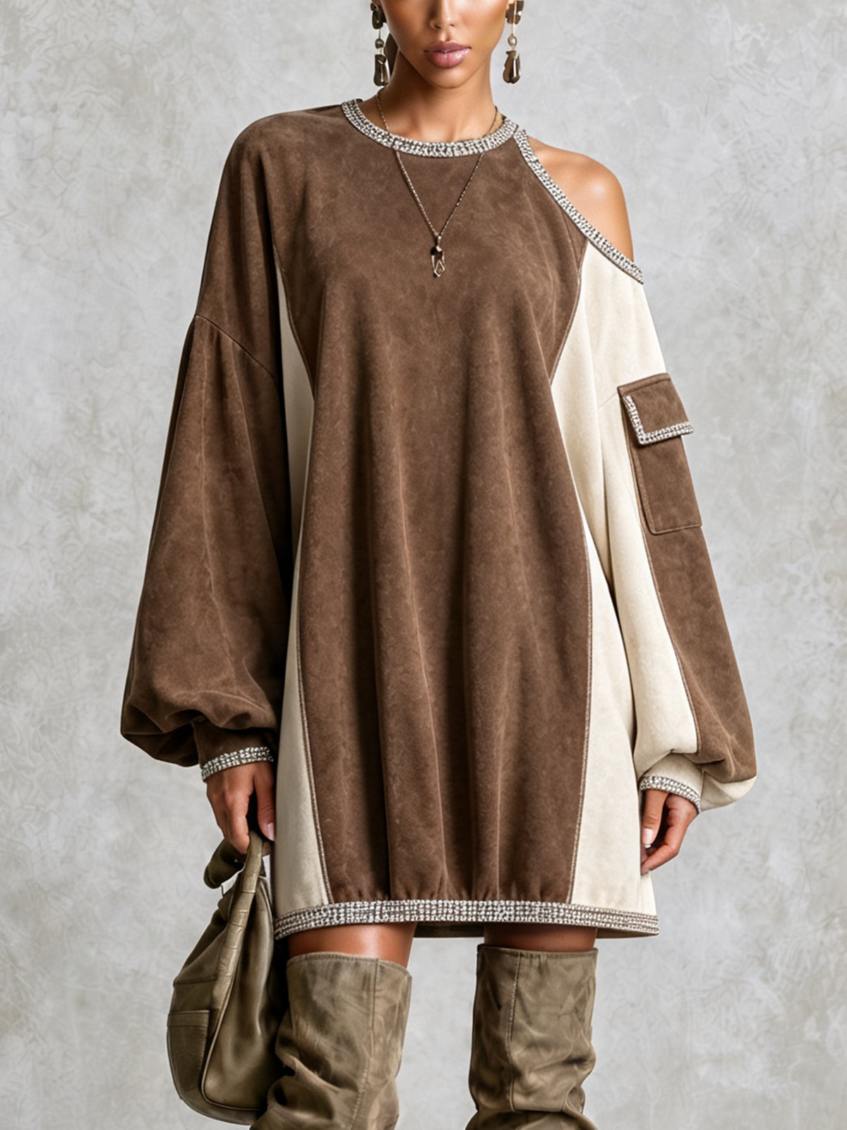 Brown Faux Suede One-Shoulder Trim Mini Dress