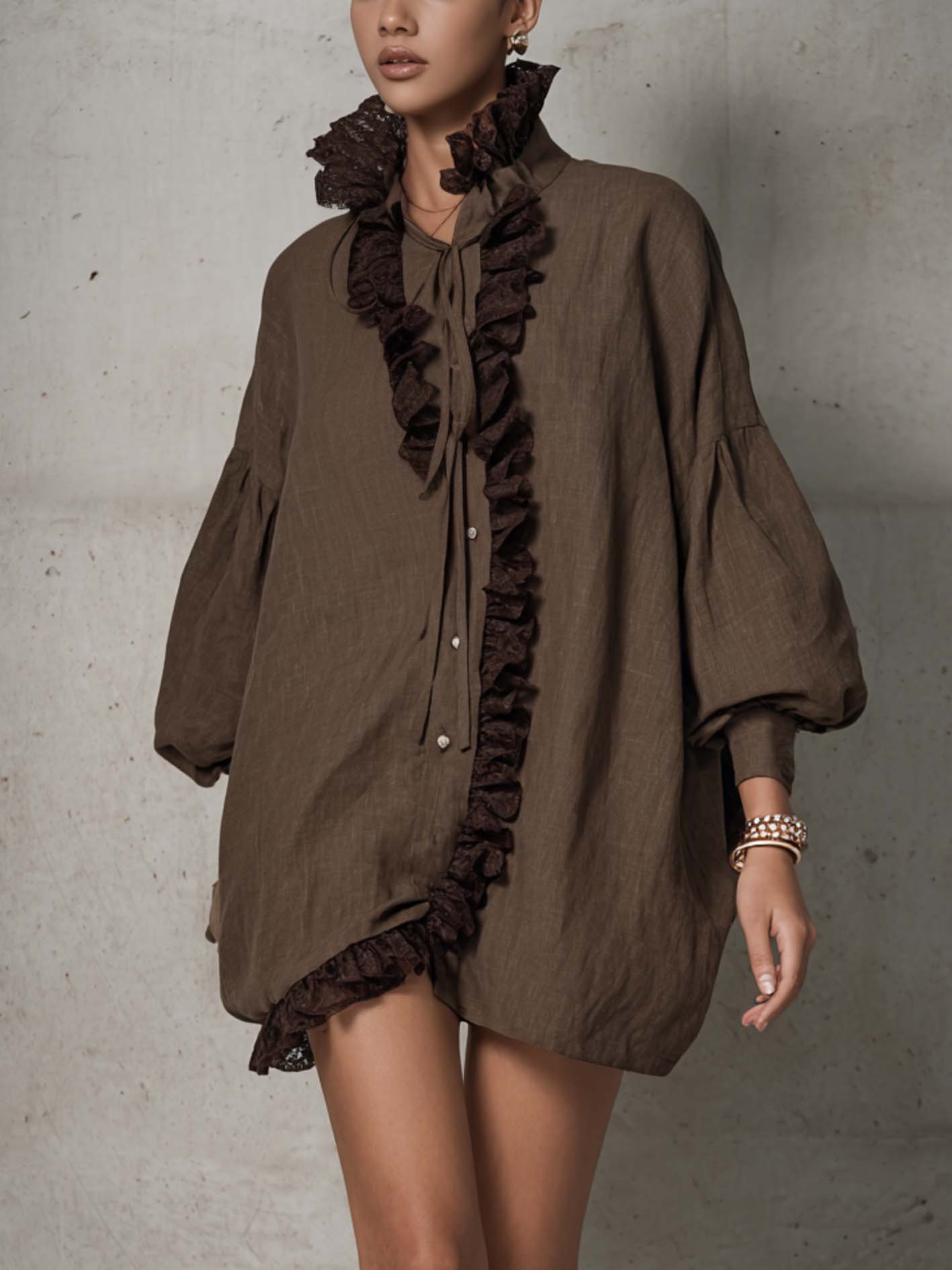 Oversized Lace Ruffle Trim Balloon Sleeve Linen Shirt Dress