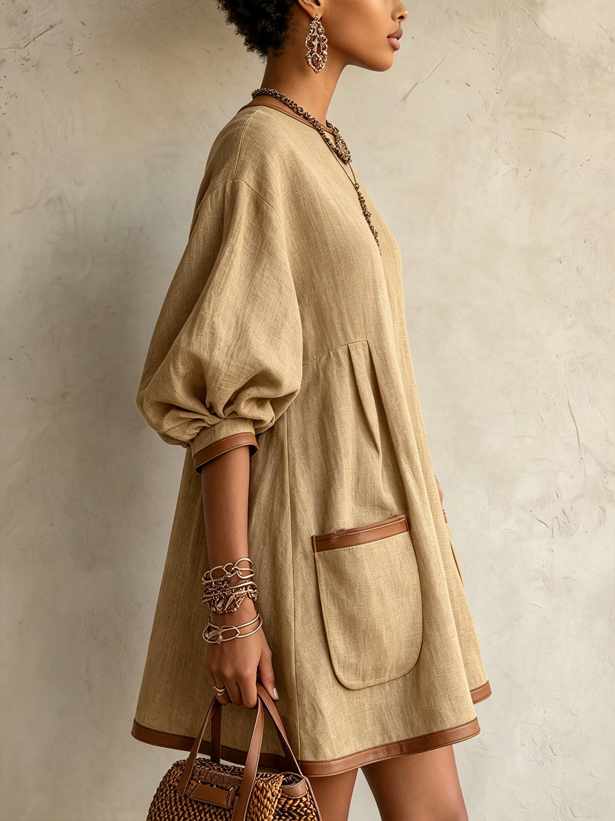 Khaki Oversized Textured Pocket Mini Dress