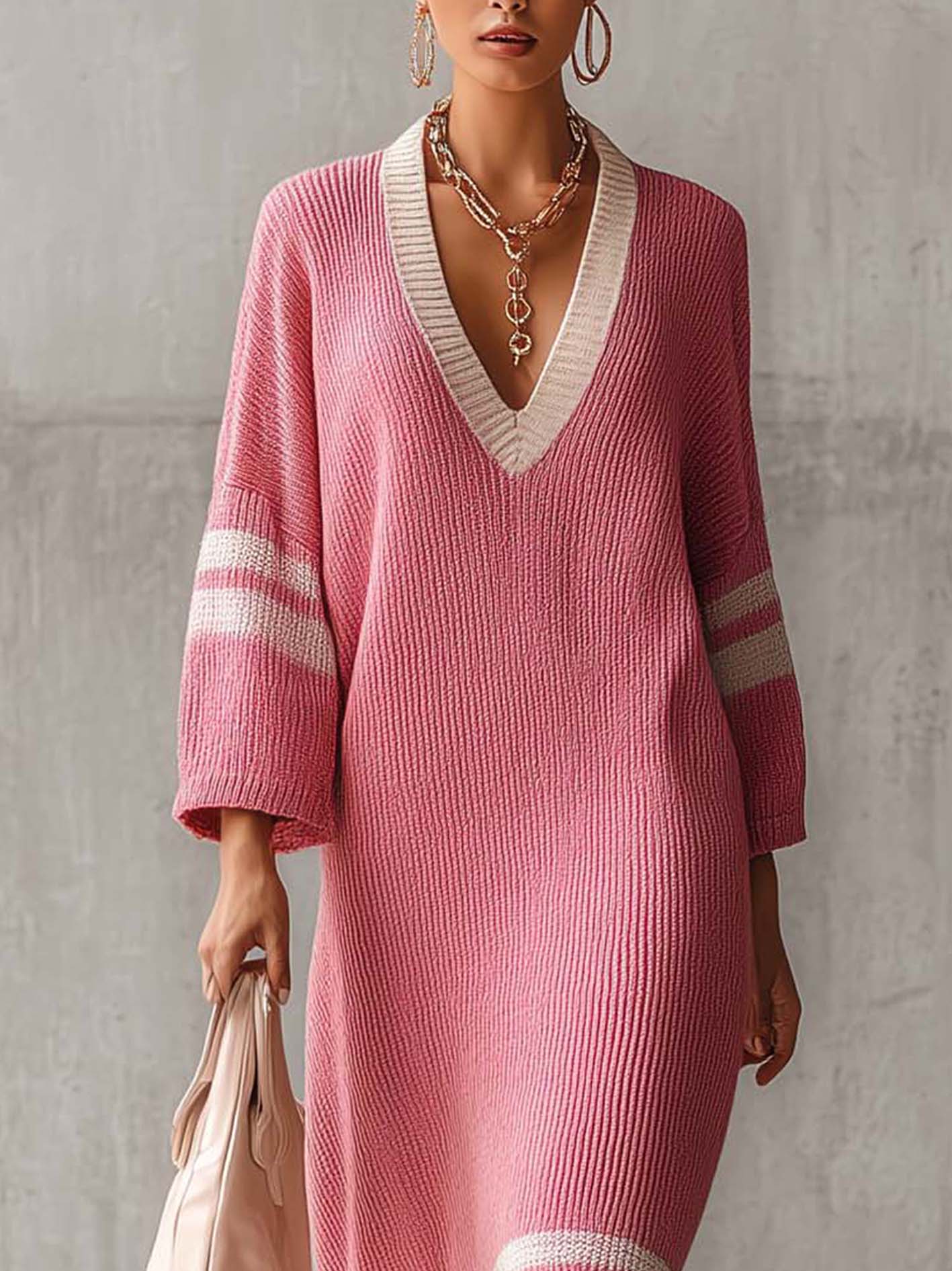 Pink V-Neck Stripe Trim Knit Midi Dress