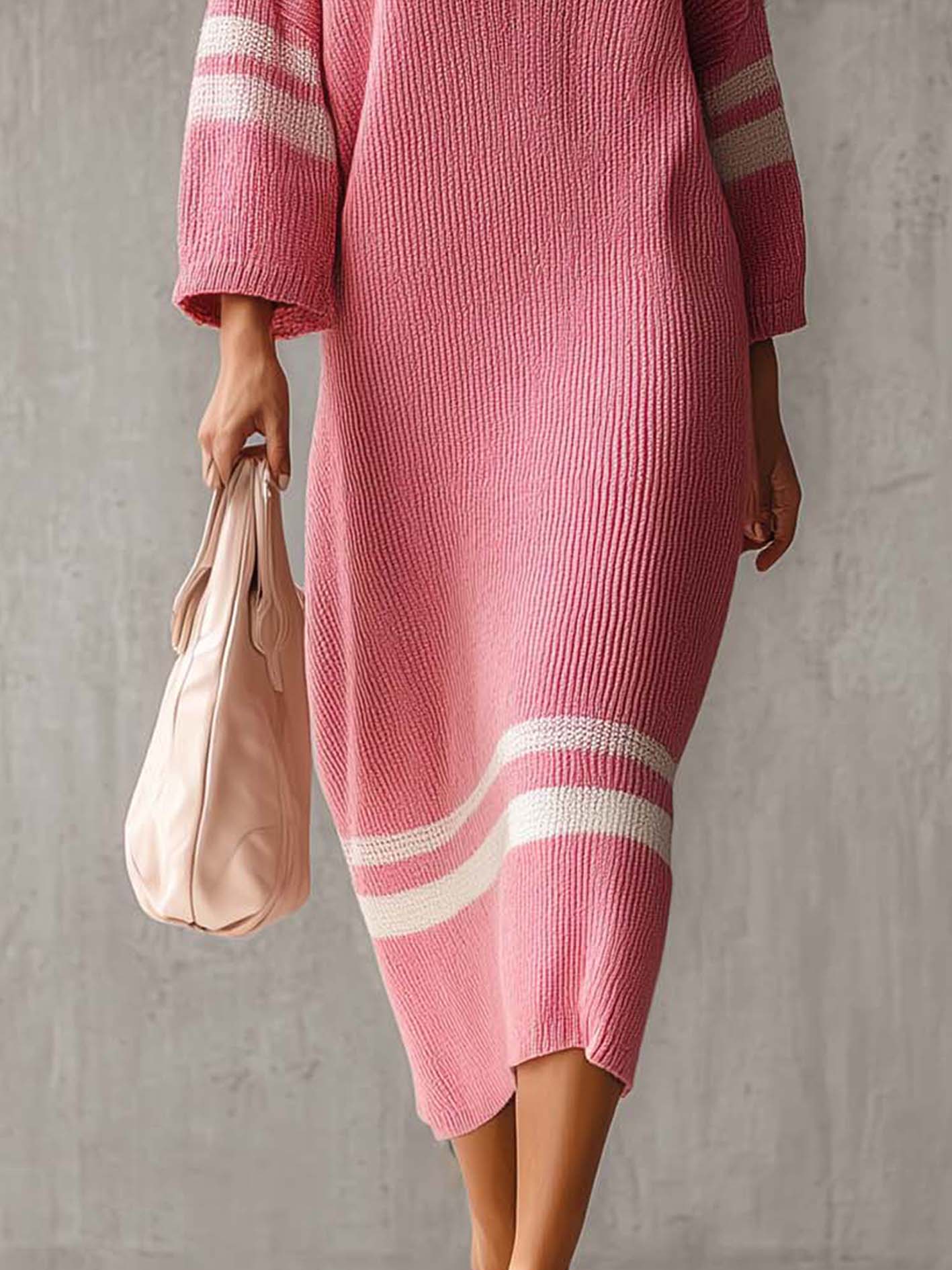 Pink V-Neck Stripe Trim Knit Midi Dress