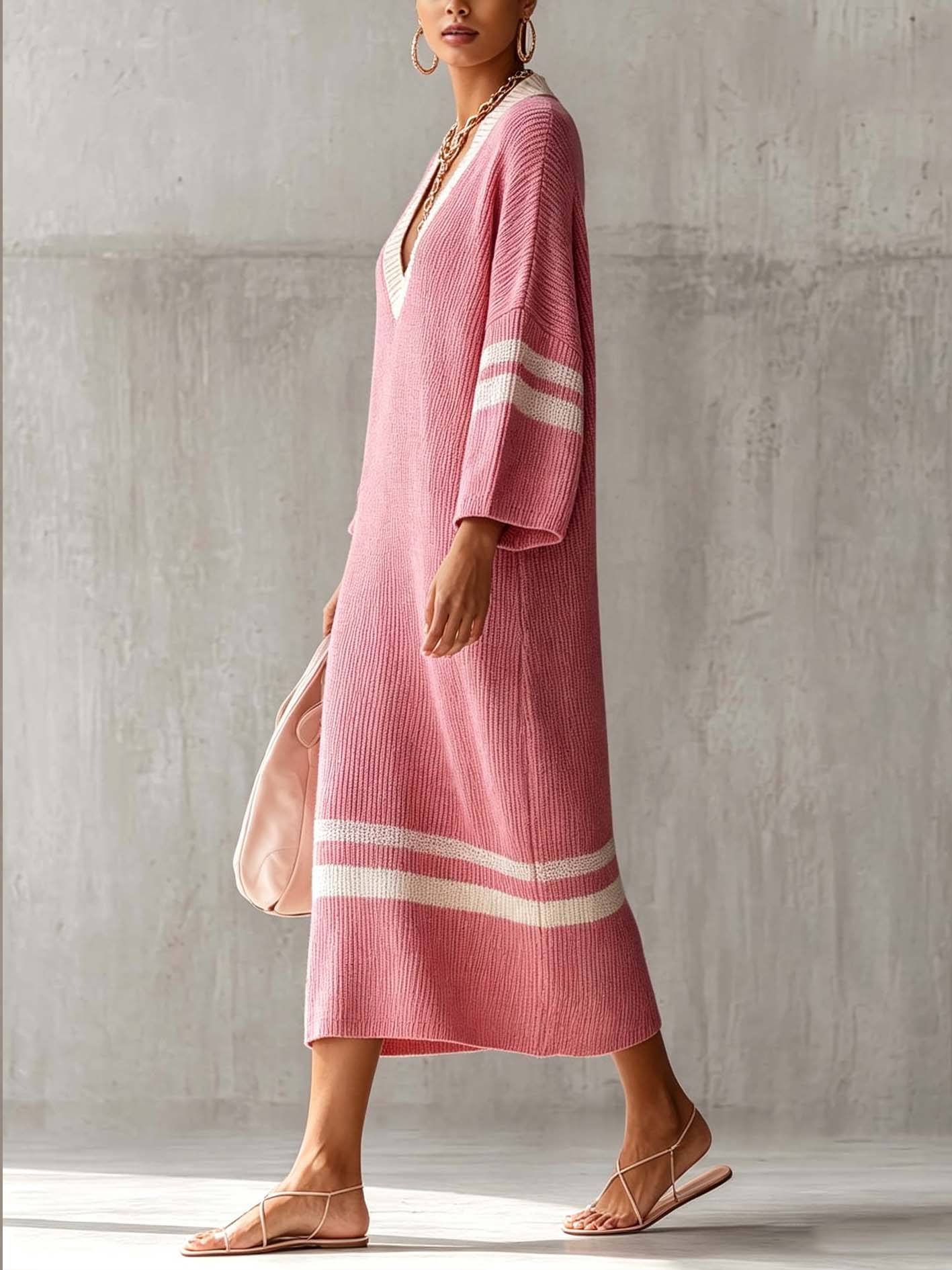 Pink V-Neck Stripe Trim Knit Midi Dress