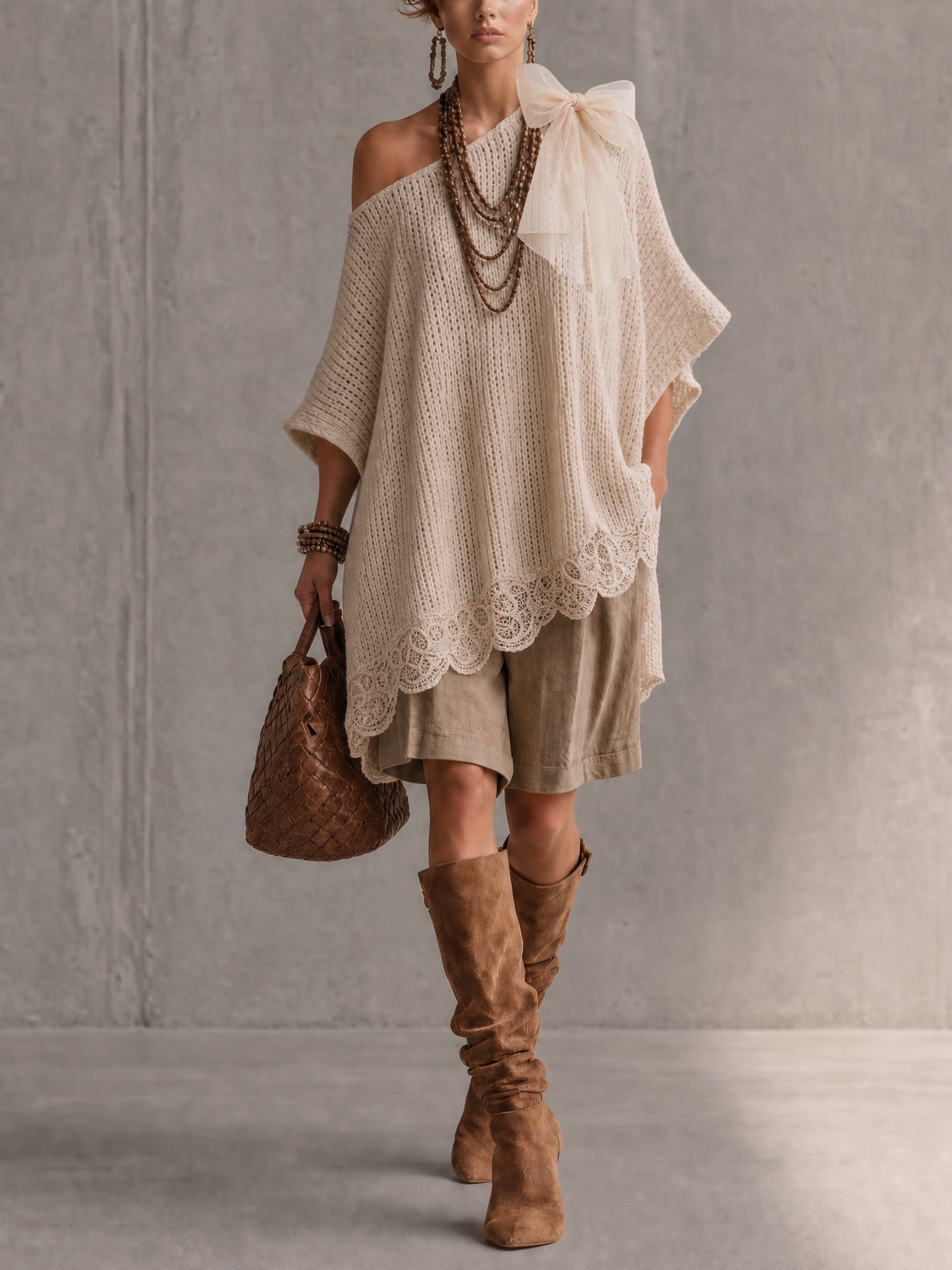 Beige Loose Off Shoulder Knit Mini Dress
