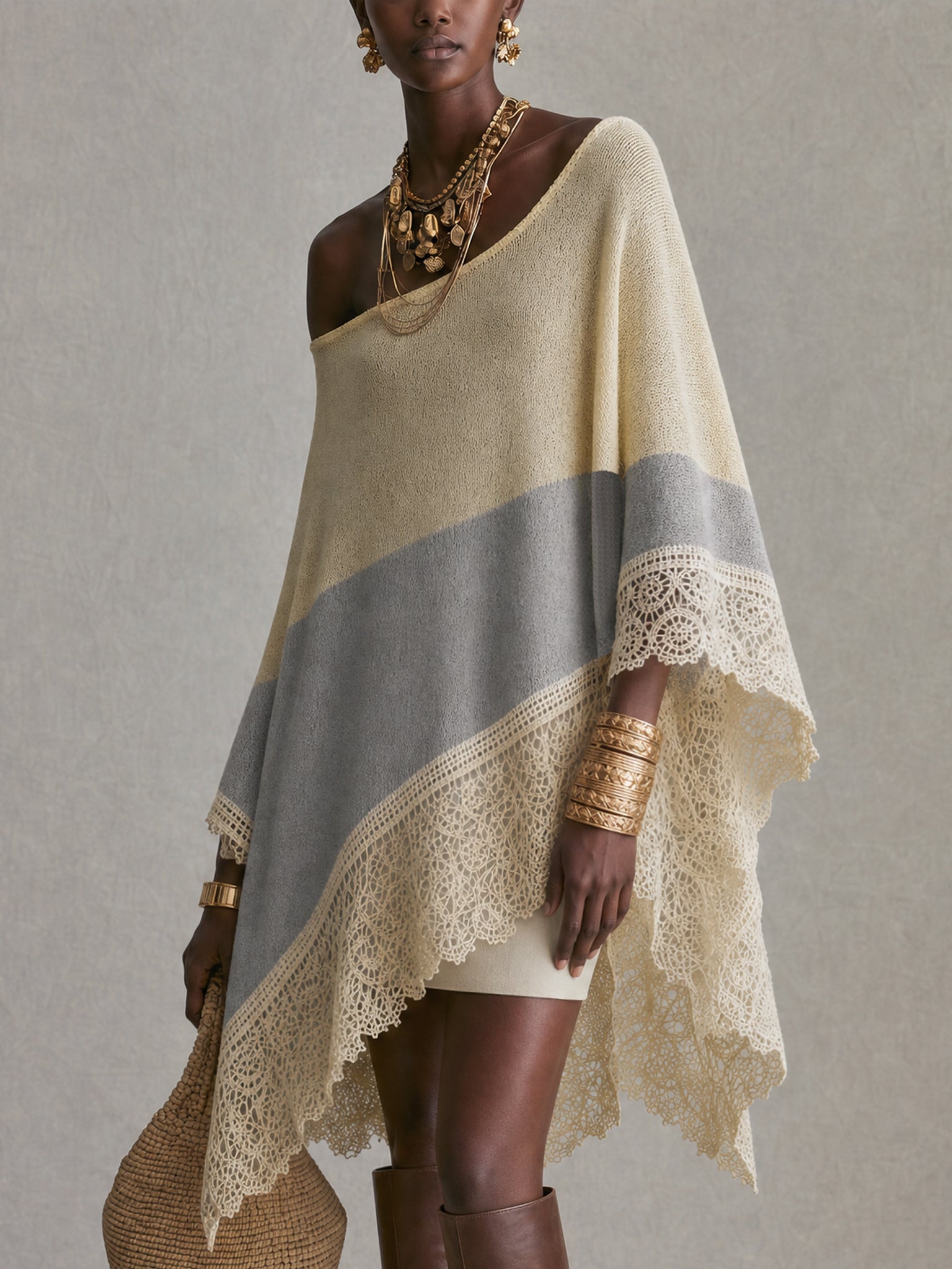 Yellow Color Block OffShoulder Asymmetrical Knit Mini Dress