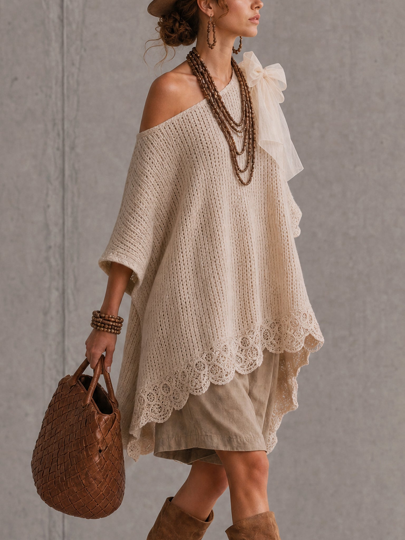 Beige Loose Off Shoulder Knit Mini Dress