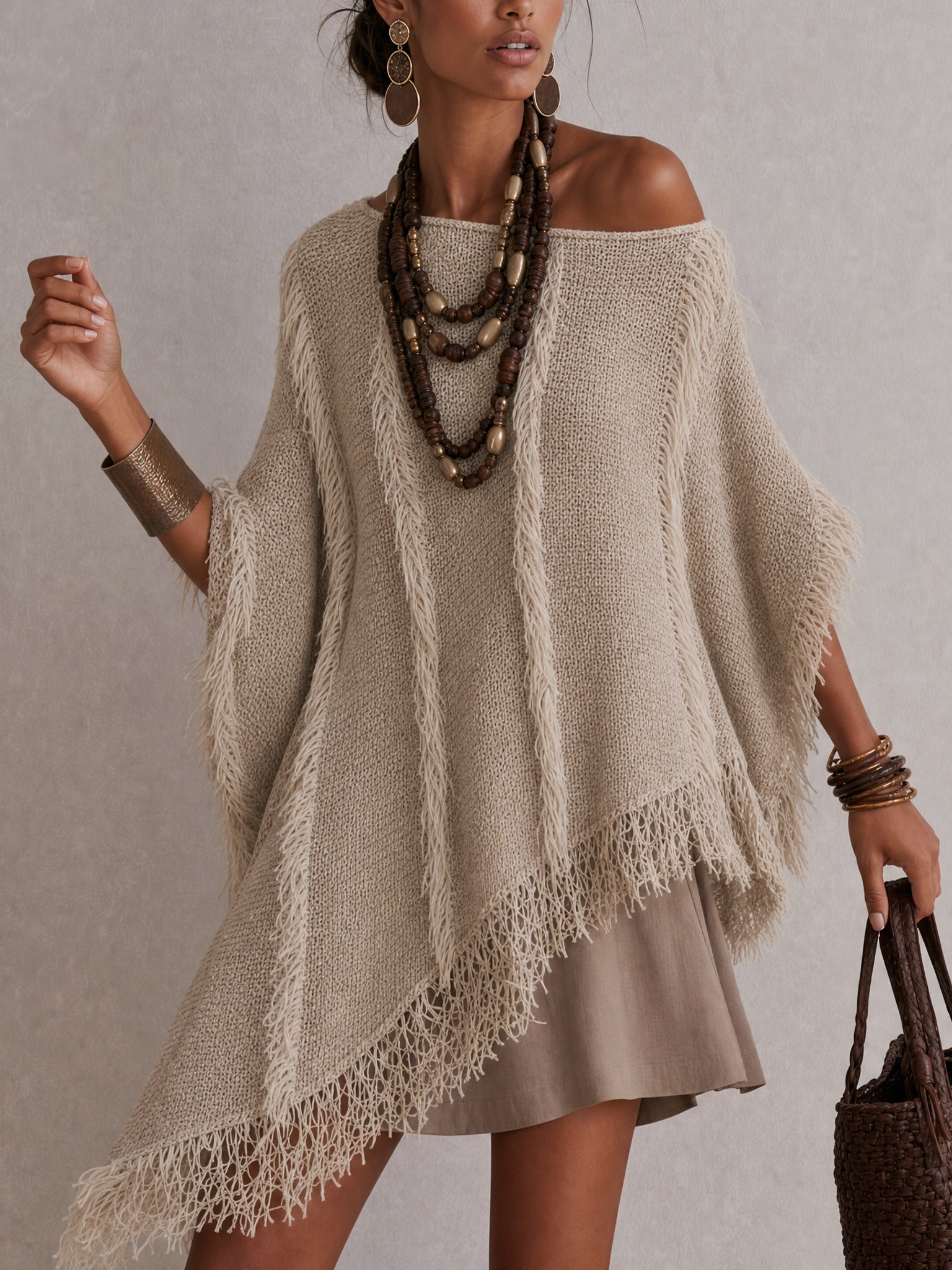 Beige Bohemian Fringe Sweater
