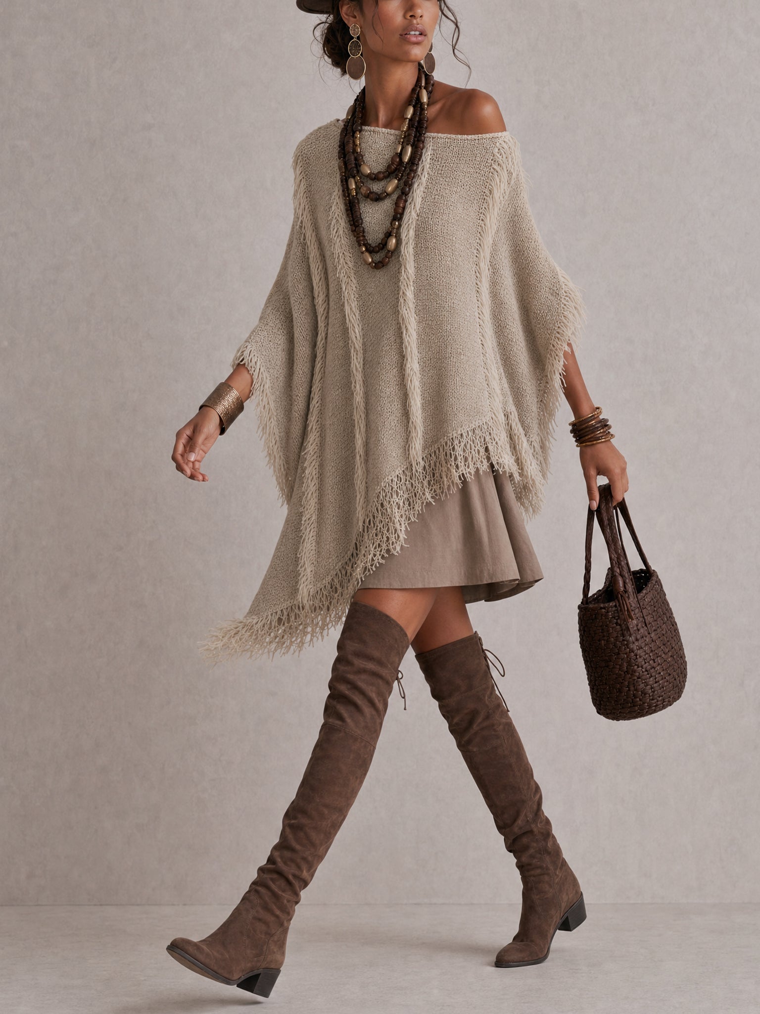 Beige Bohemian Fringe Sweater