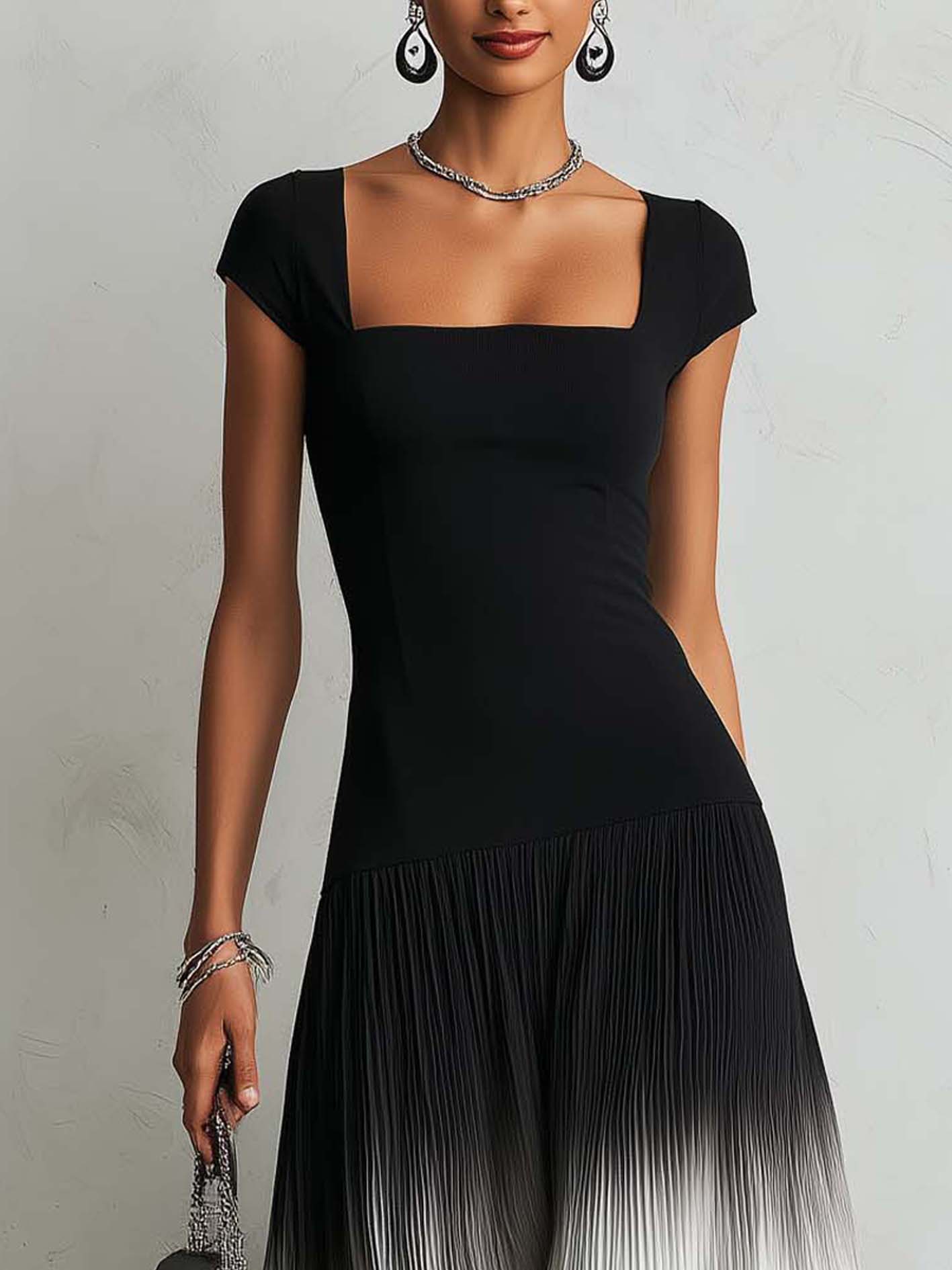 Black Square Neck Midi Dress With Pleated Ombre Patchwork Hem