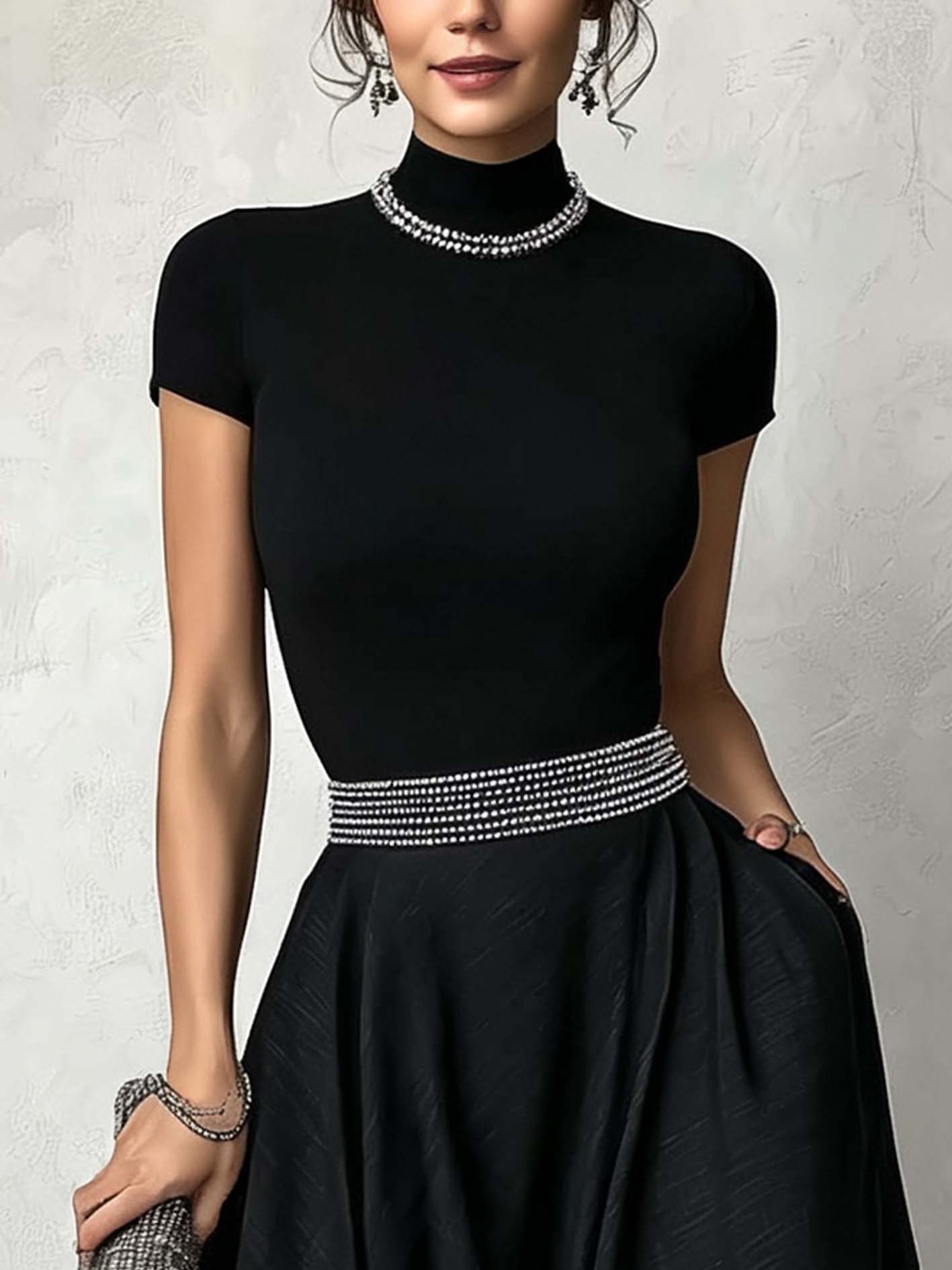 Black Mock Neck Knit Top And Linen Blend Maxi Skirt Set With Rhinestone Trim