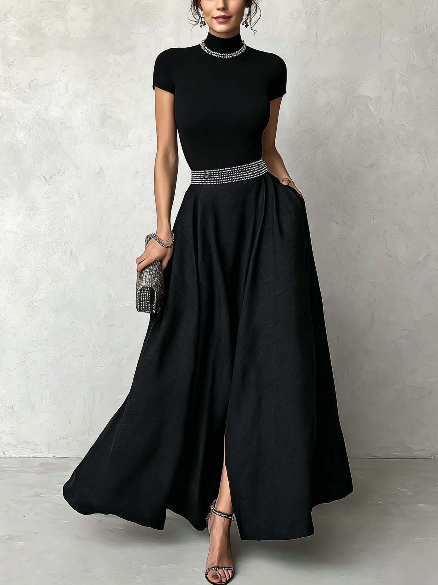 Black Mock Neck Knit Top And Linen Blend Maxi Skirt Set With Rhinestone Trim