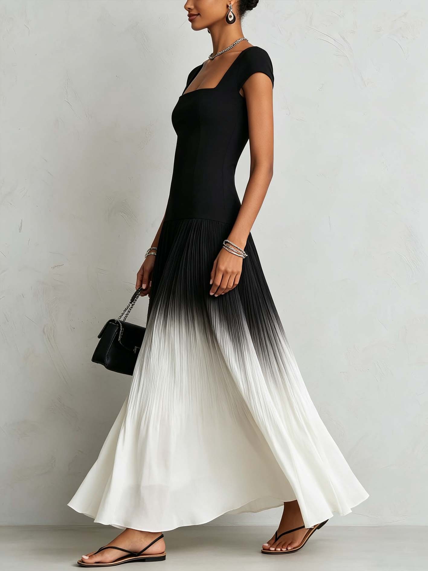 Black Square Neck Midi Dress With Pleated Ombre Patchwork Hem