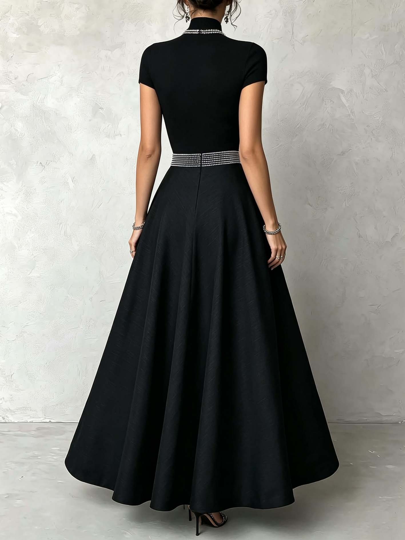 Black Mock Neck Knit Top And Linen Blend Maxi Skirt Set With Rhinestone Trim