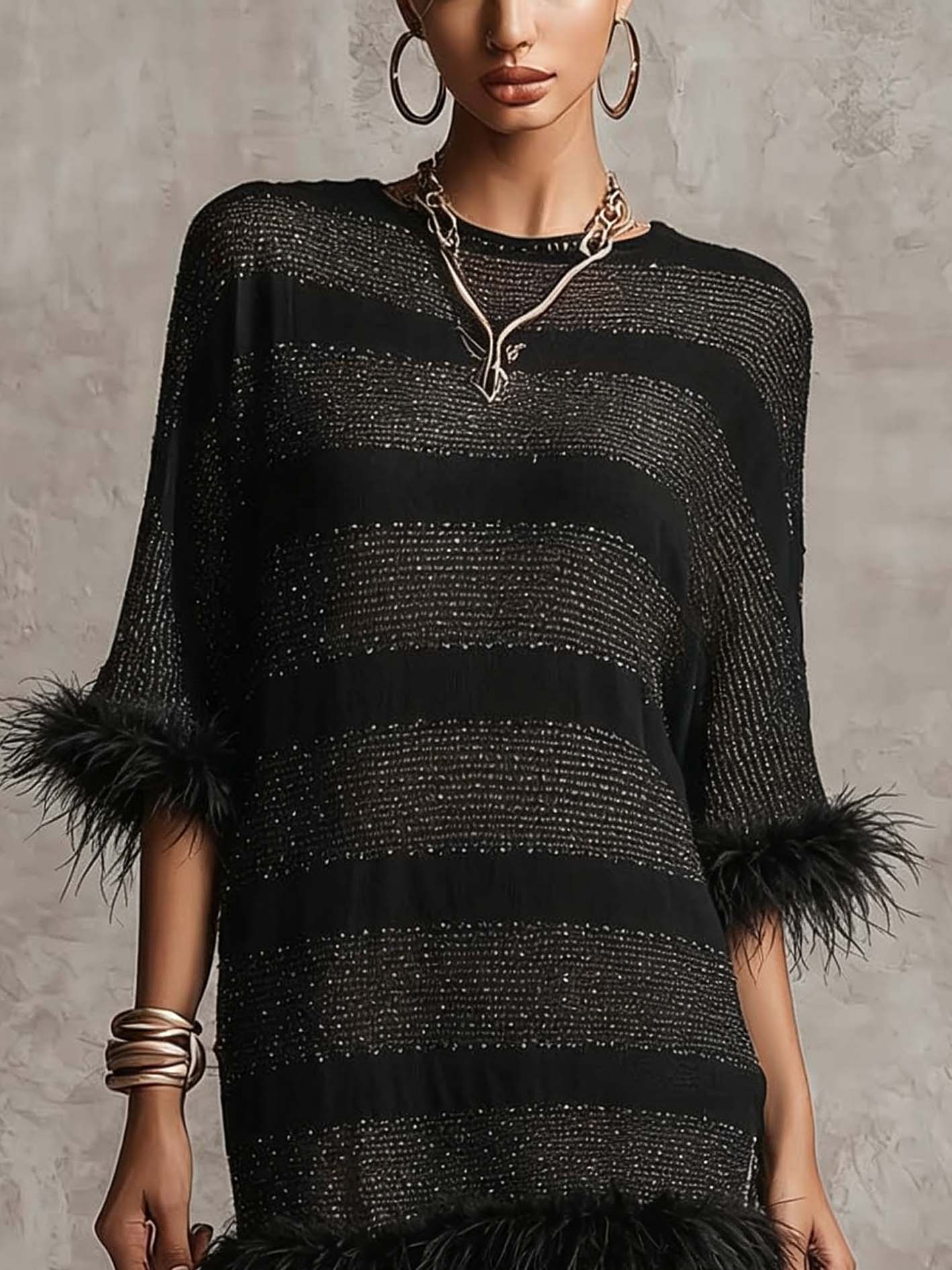 Black Open Knit Mini Dress With Faux Feather Trim