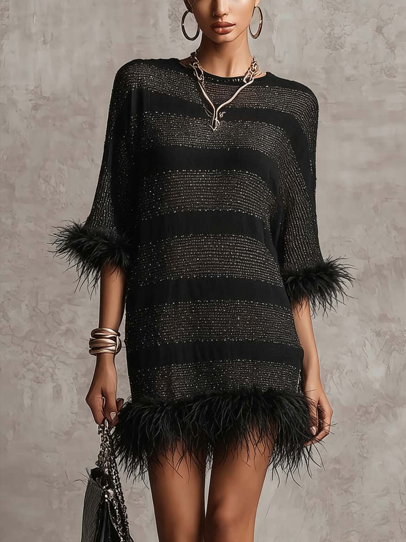 Black Open Knit Mini Dress With Faux Feather Trim