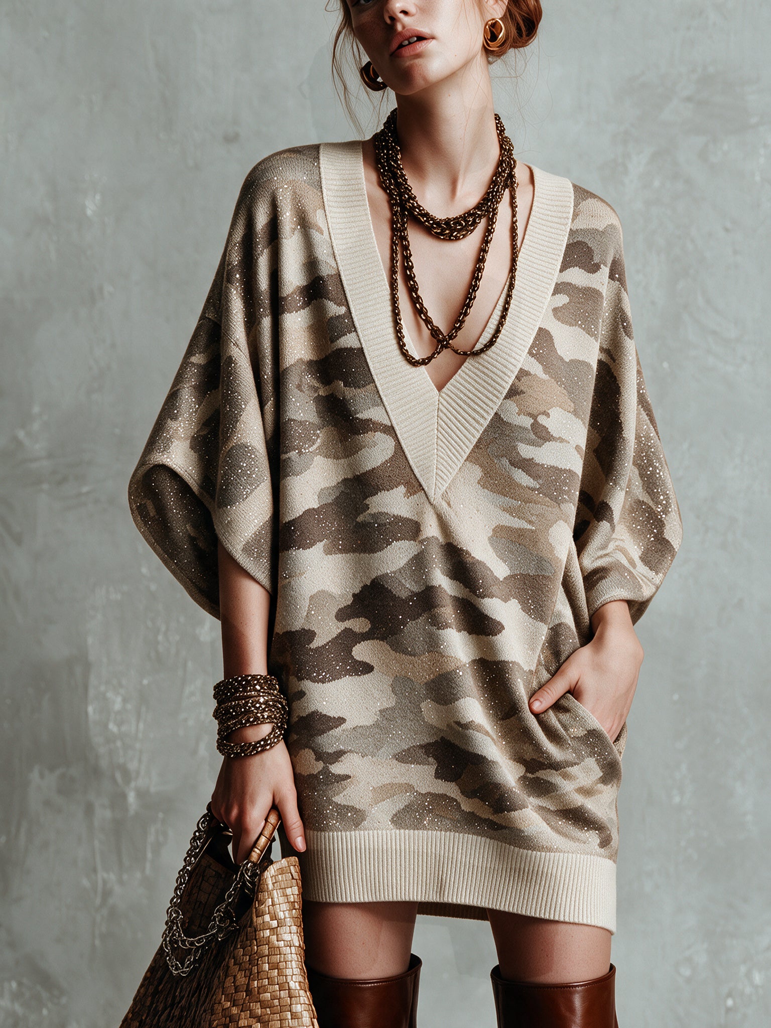 Green Shimmer Camouflage Knit Mini Dress