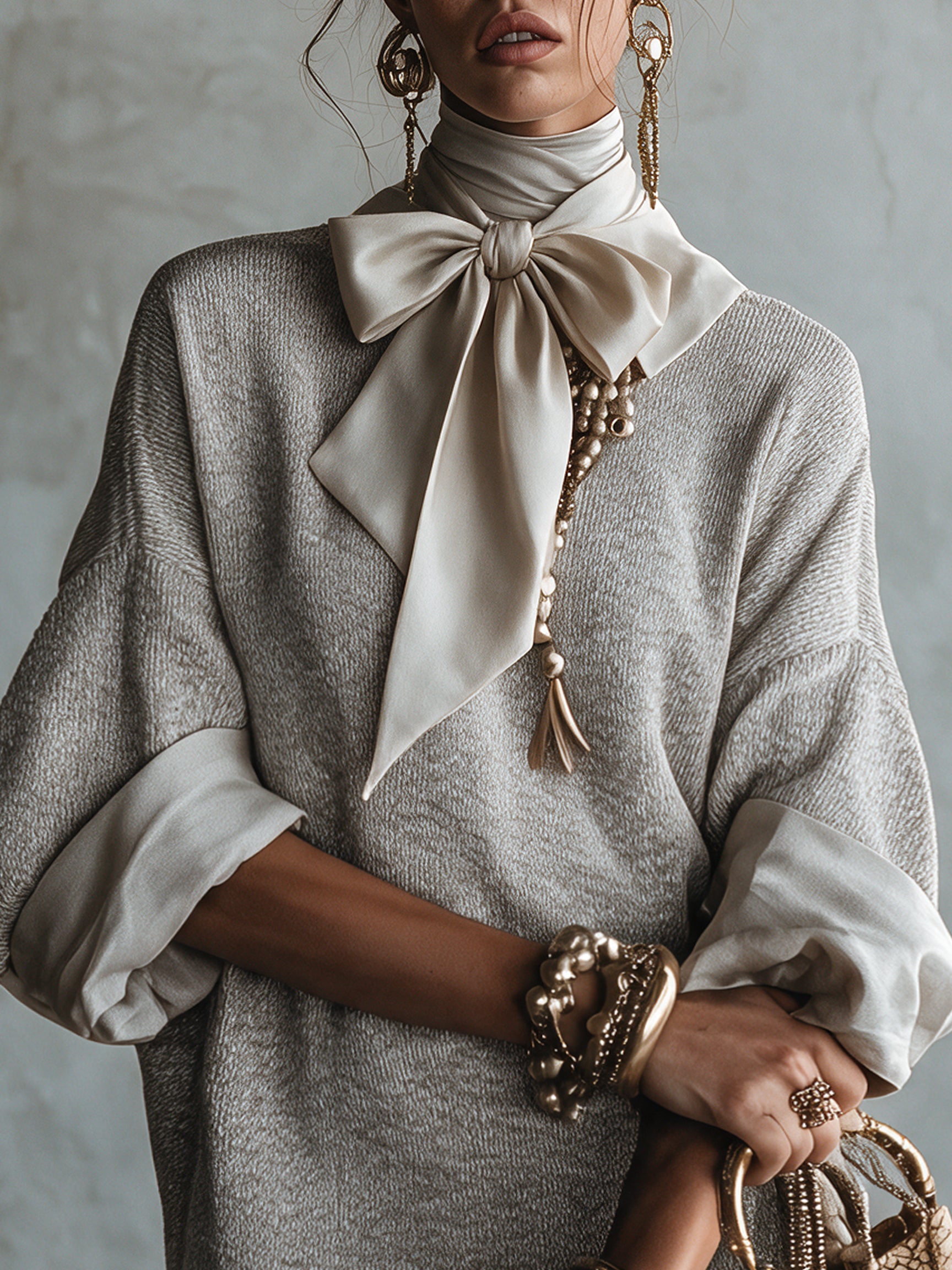 Gray Satin Bow Knit Five Sleeve Mini Dress
