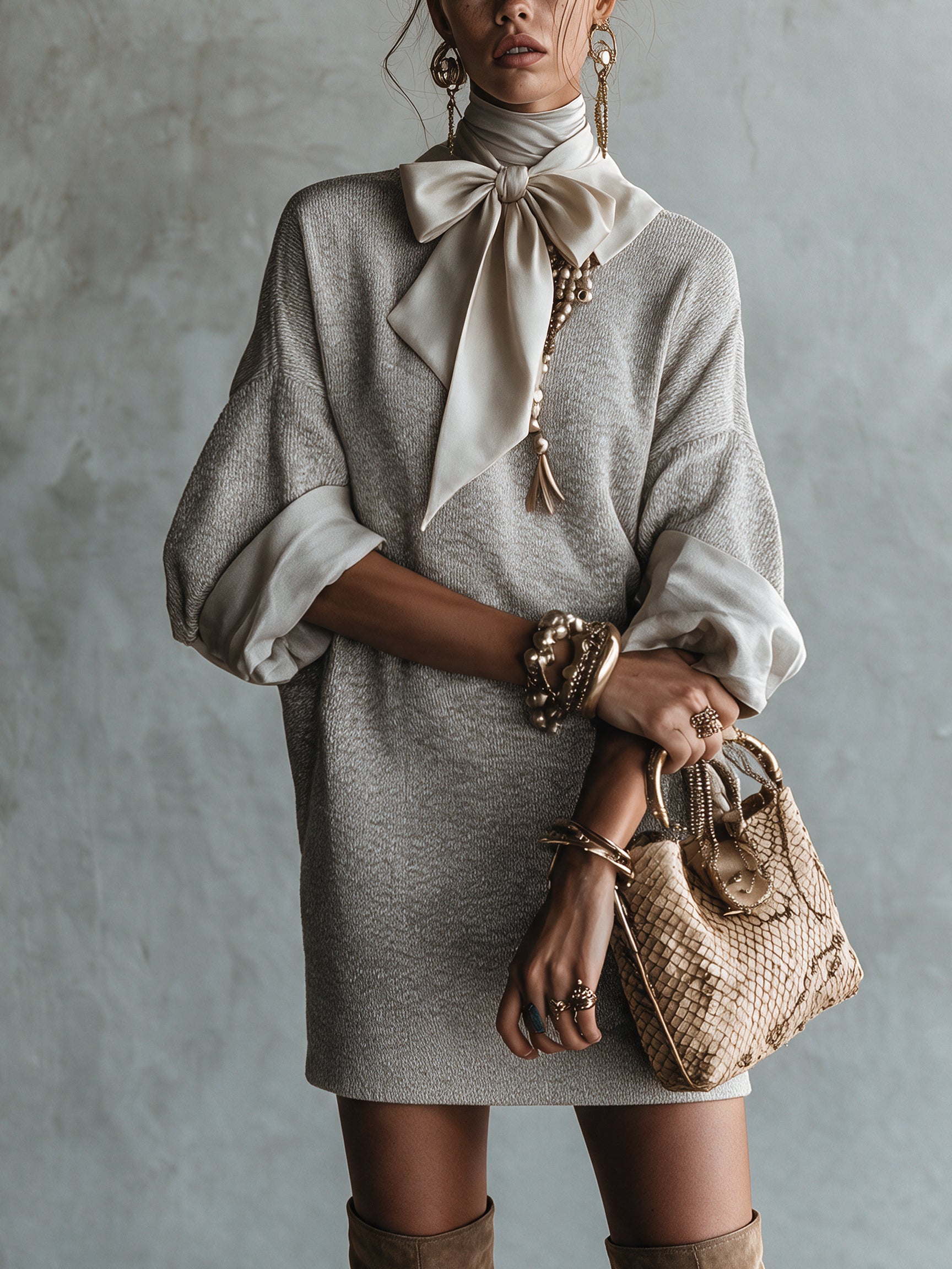 Gray Satin Bow Knit Five Sleeve Mini Dress