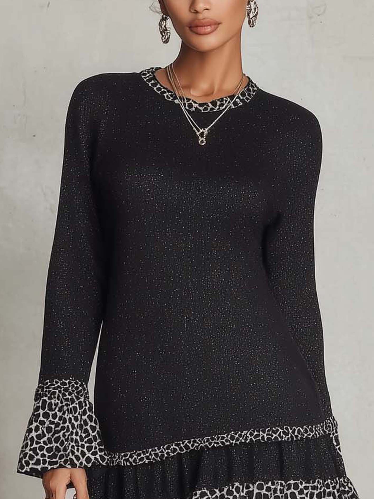 Black Shimmer Mini Dress With Leopard Patchwork Ruffle Hem