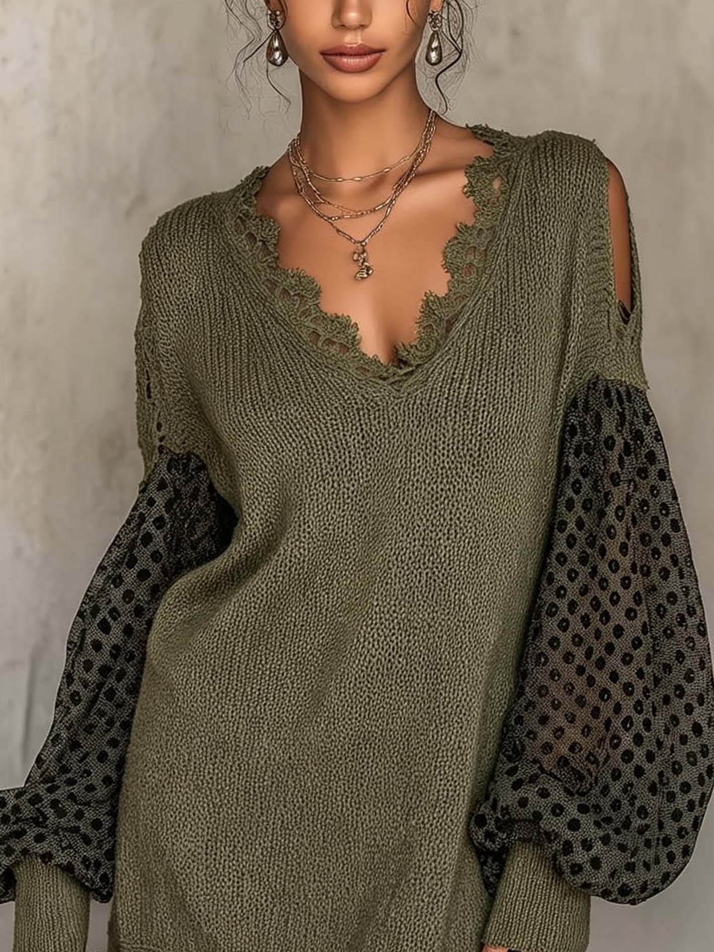 Olive Green Knit Mini Dress With Sheer Patchwork Sleeves