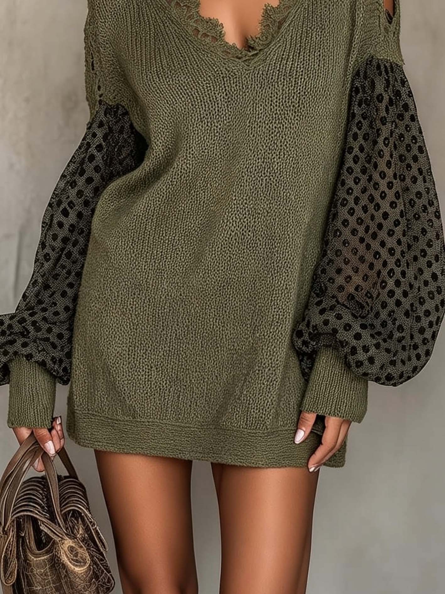 Olive Green Knit Mini Dress With Sheer Patchwork Sleeves