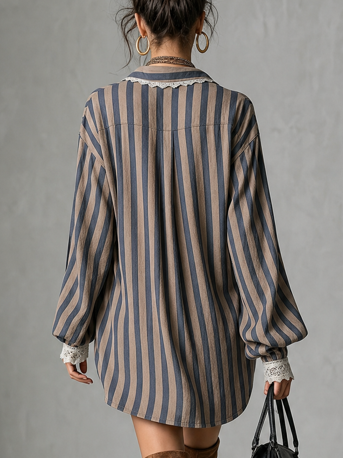 Taupe And Blue Striped Lace Trim Mini Dress