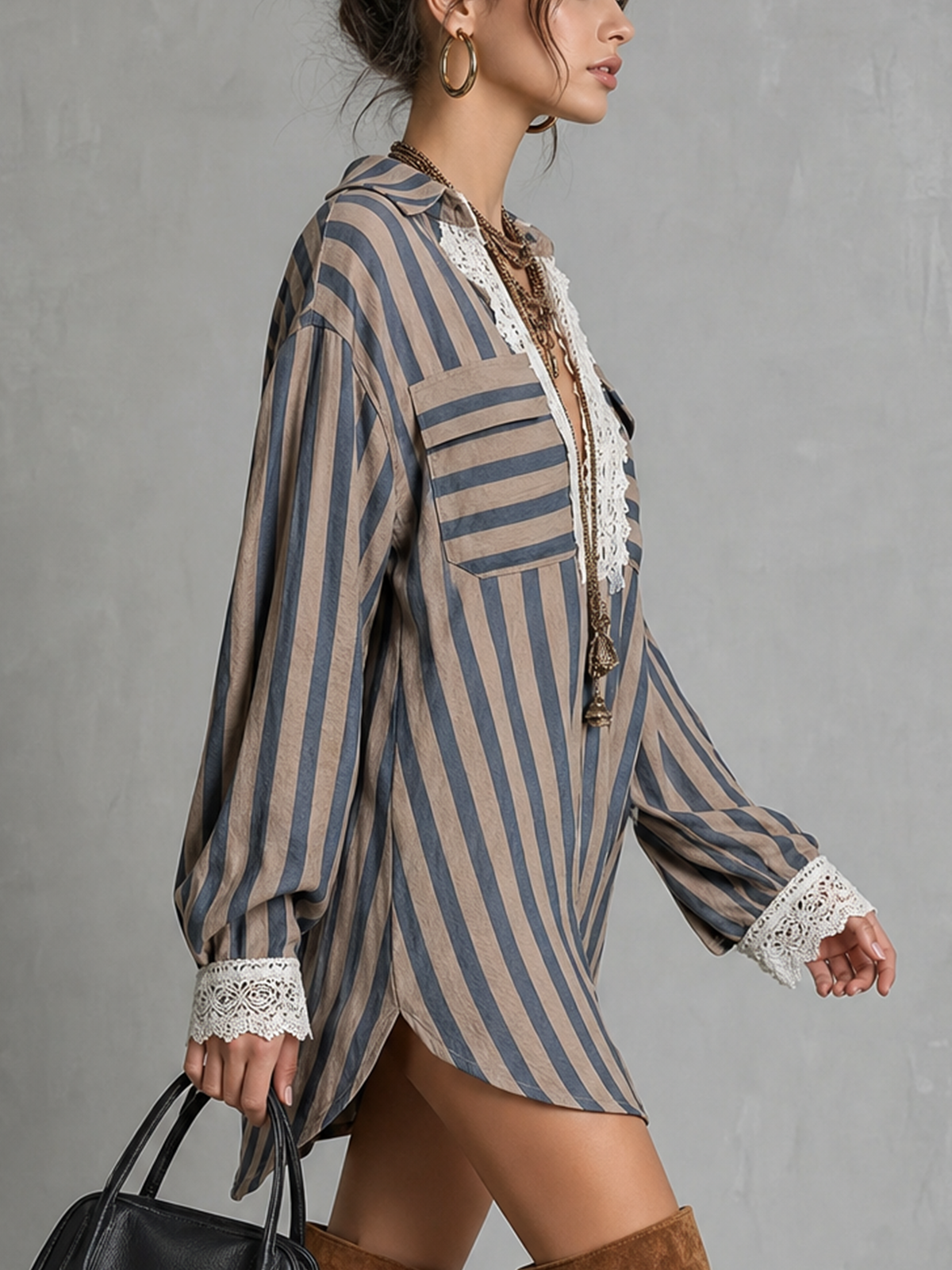 Taupe And Blue Striped Lace Trim Mini Dress