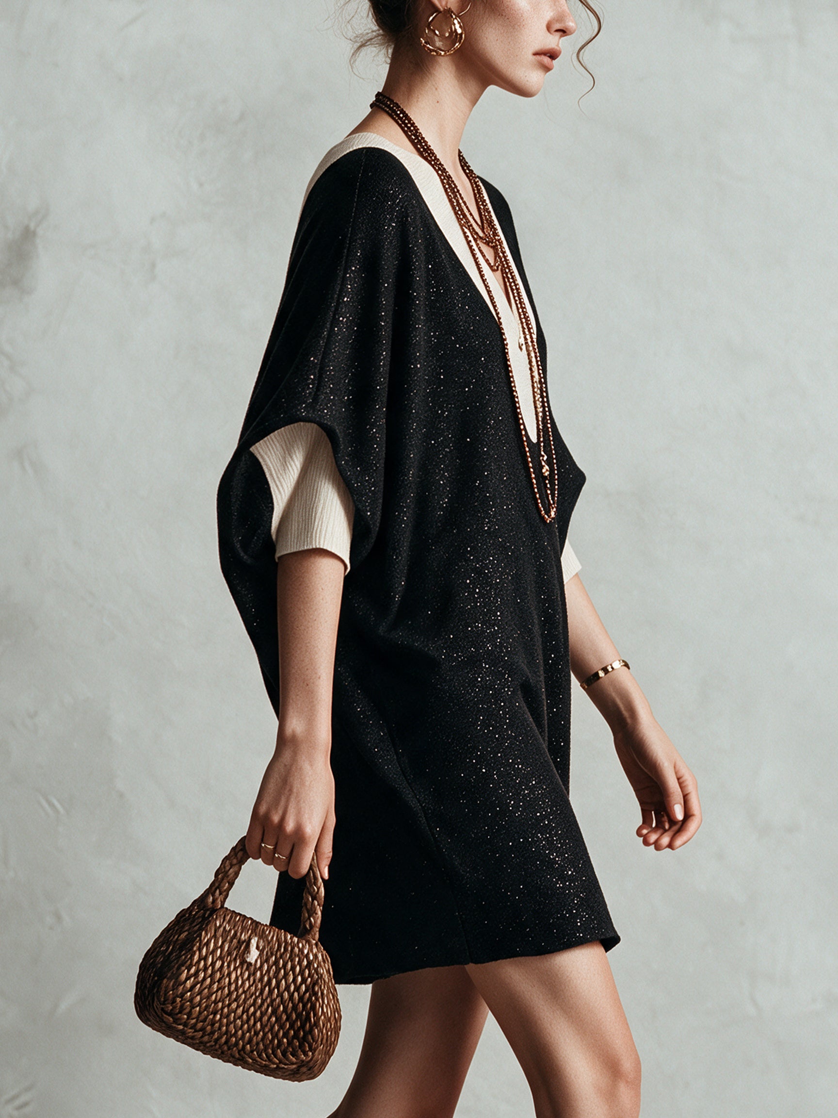 Black Shimmer Color Block Knit Mini Dress