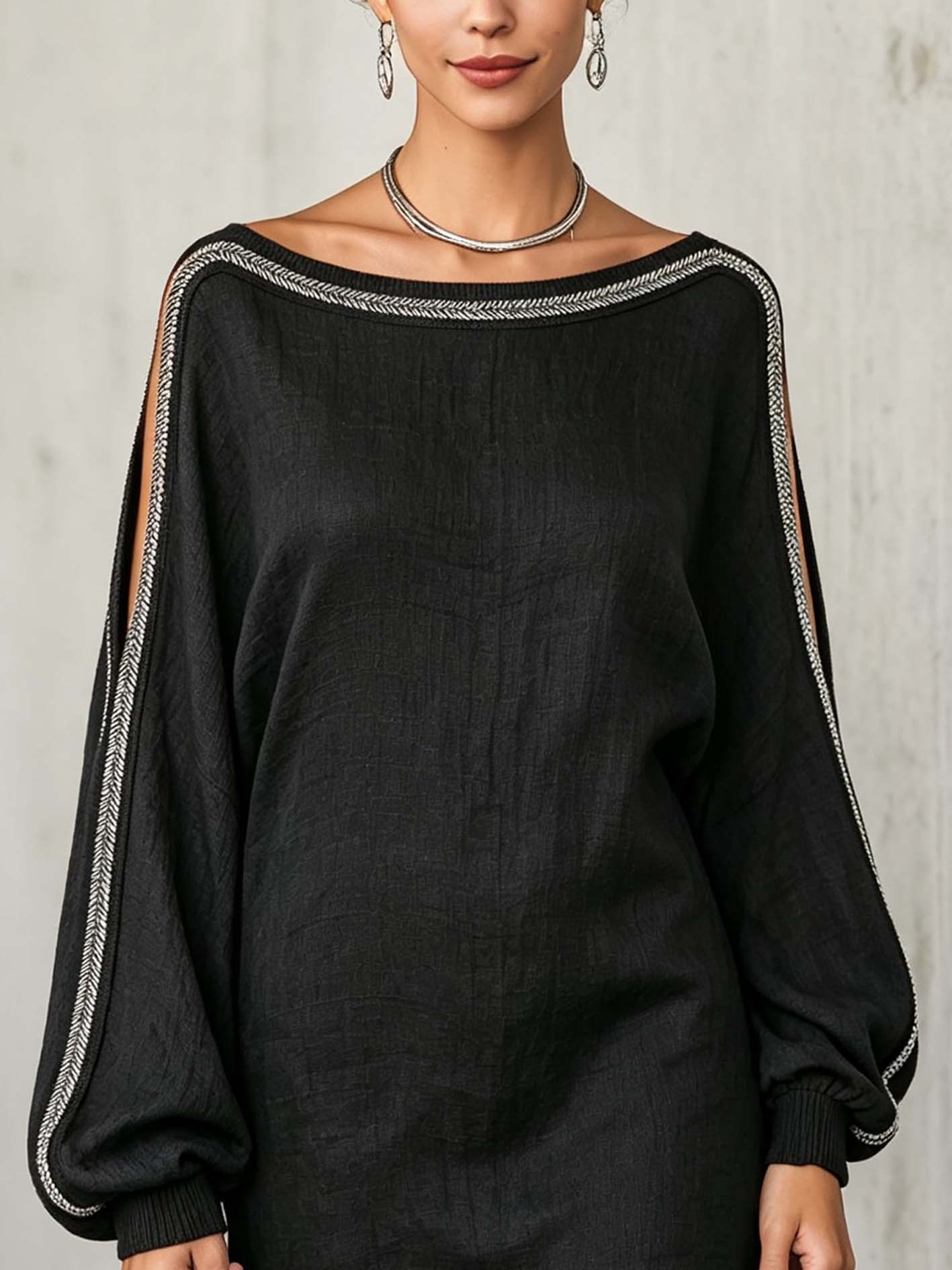 Black Linen Blend Mini Dress With Shimmer Trim And Balloon Sleeves
