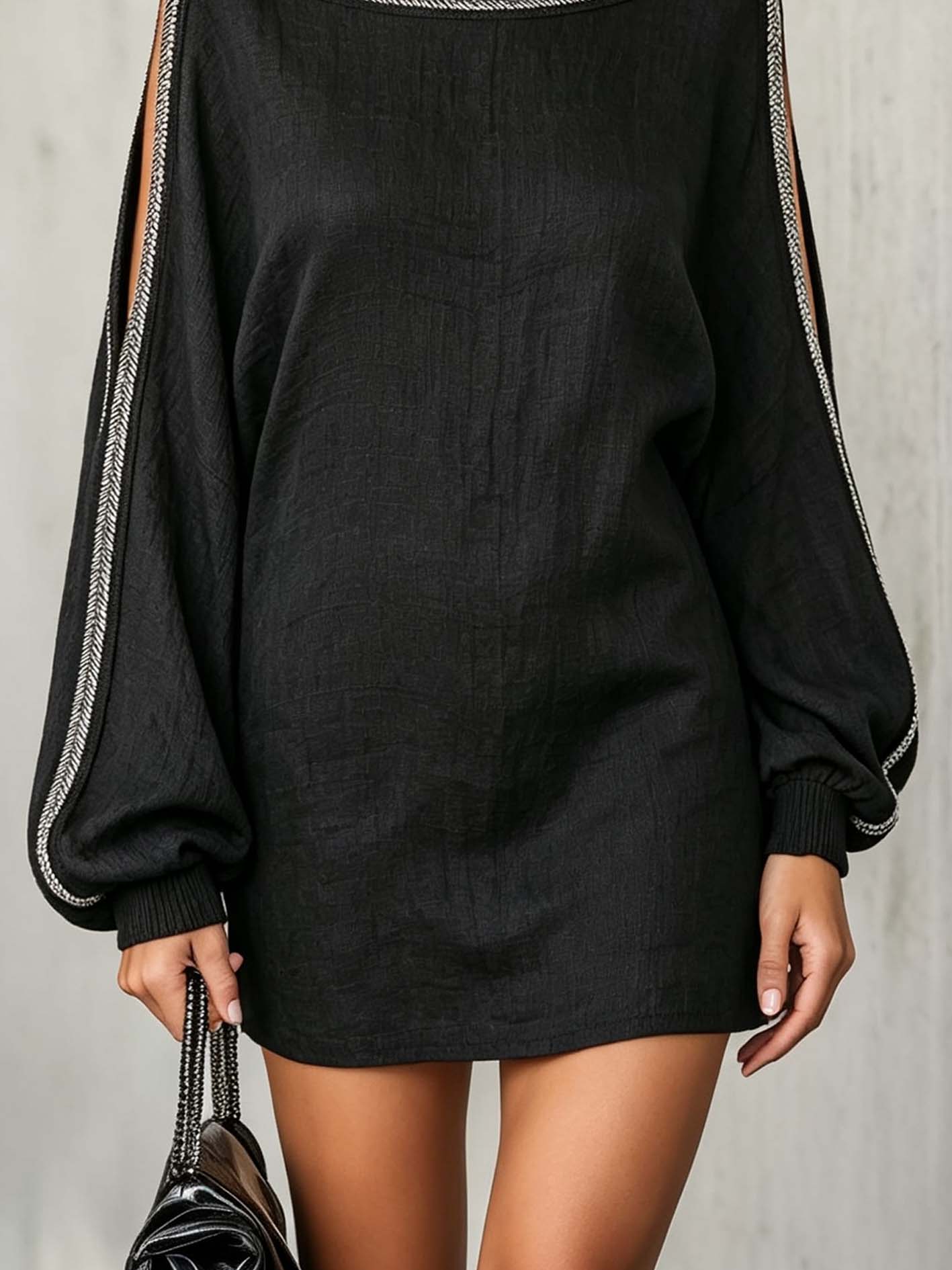 Black Linen Blend Mini Dress With Shimmer Trim And Balloon Sleeves