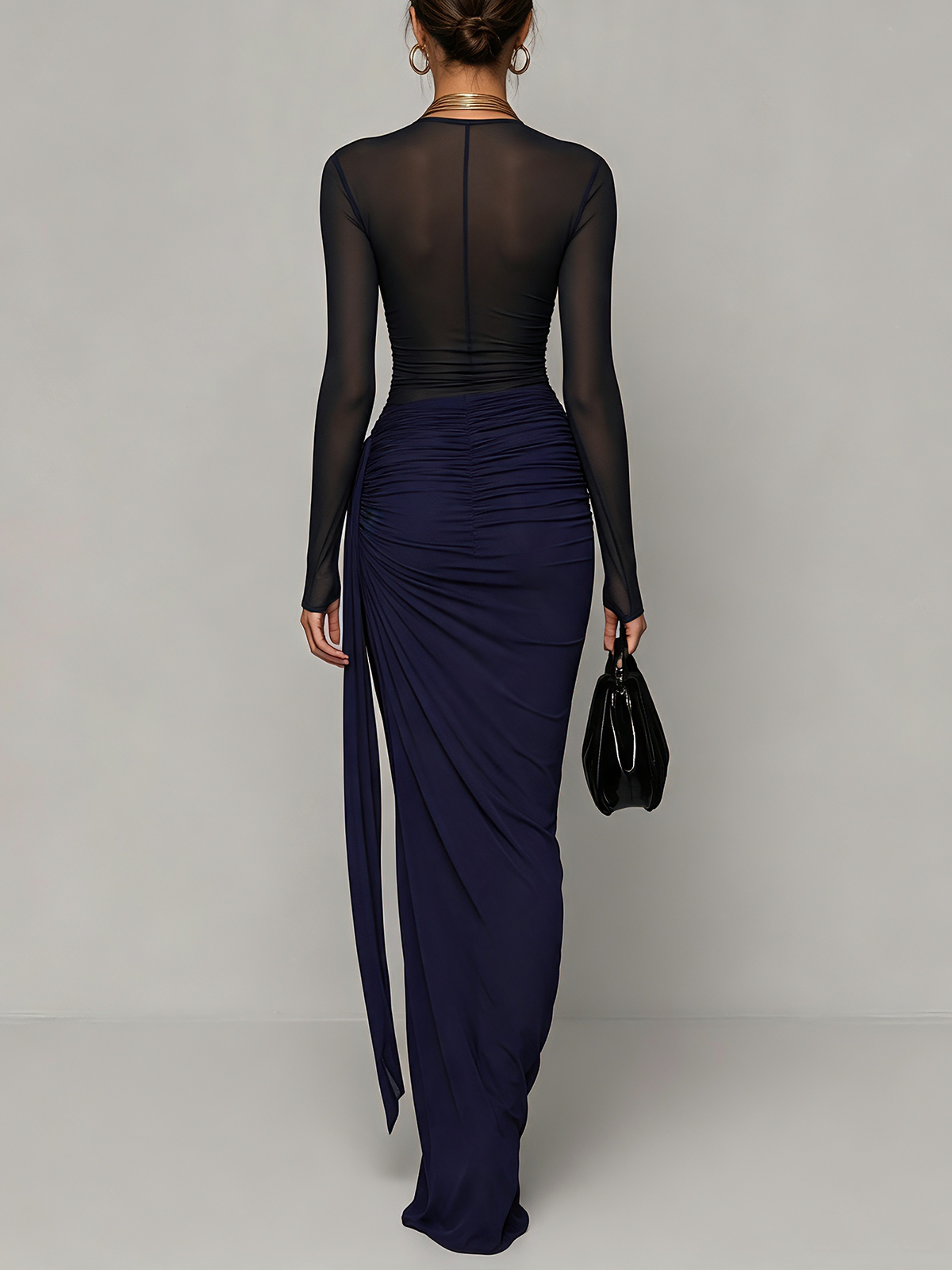 Navy Blue Sheer Mesh Ruched Maxi Dress