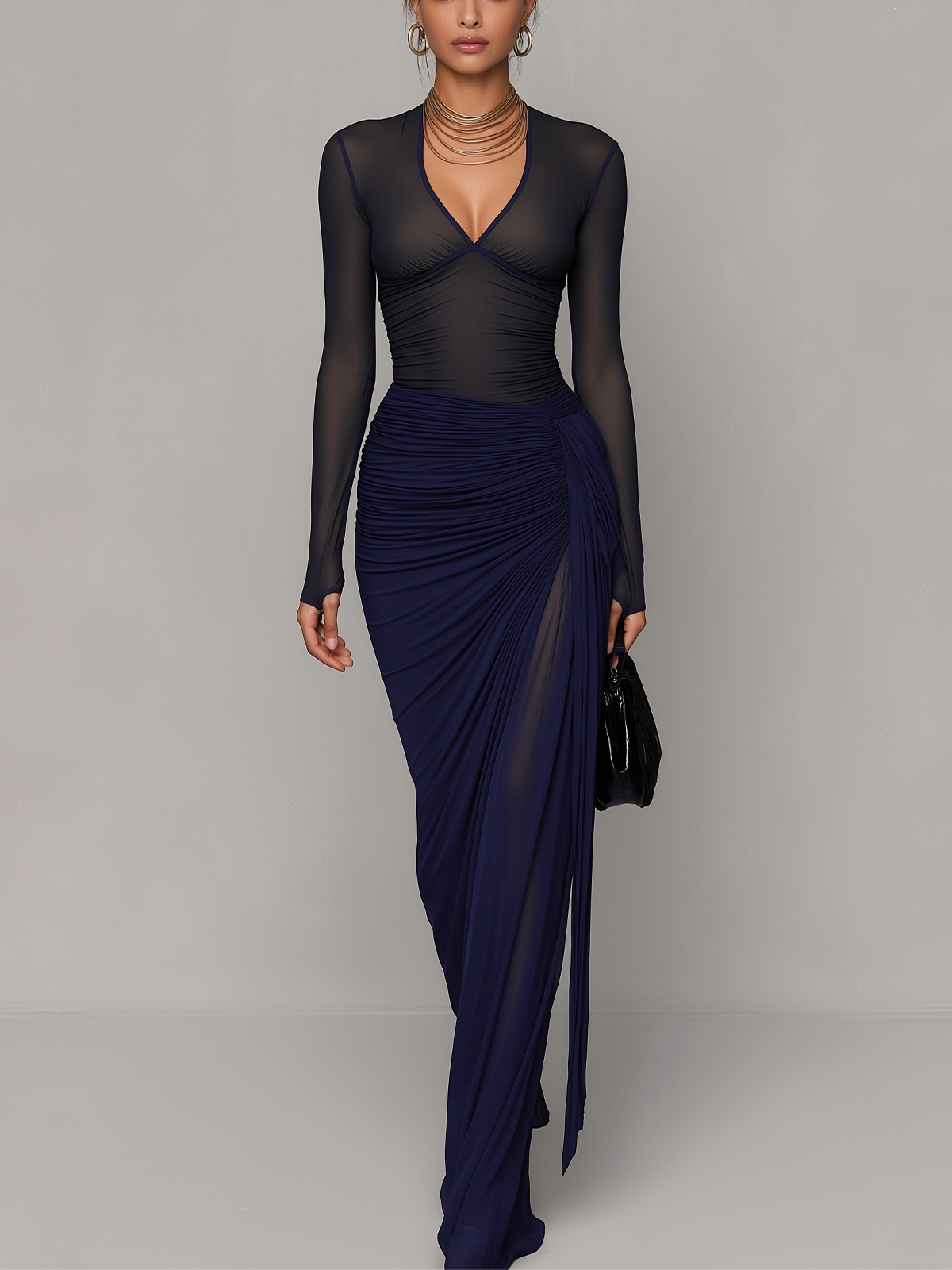 Navy Blue Sheer Mesh Ruched Maxi Dress