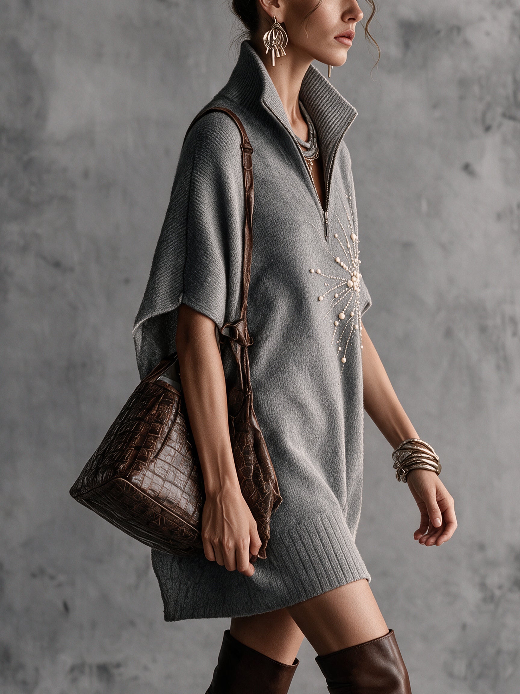Gray Half Zip Beaded Embroidery Knit Mini Dress