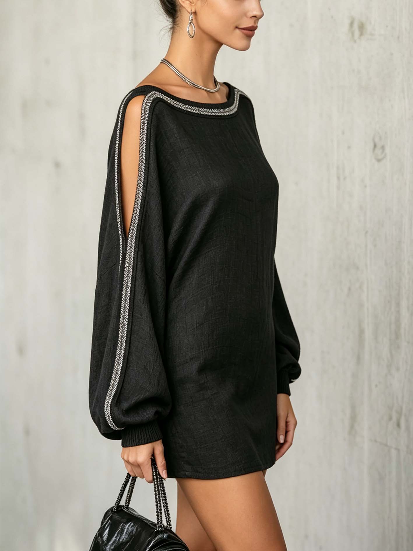 Black Linen Blend Mini Dress With Shimmer Trim And Balloon Sleeves