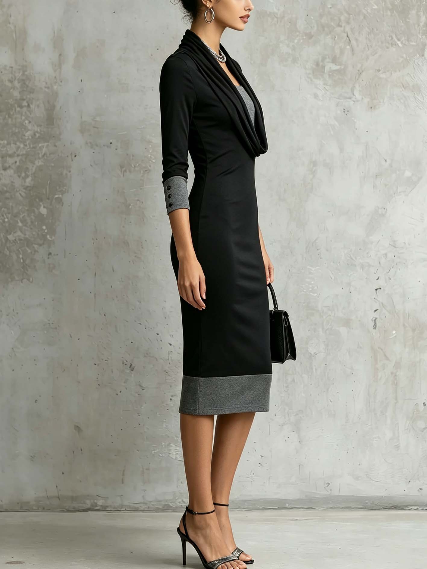 Black And Gray Faux Two-Piece Draped Neck Bodycon Midi Dress