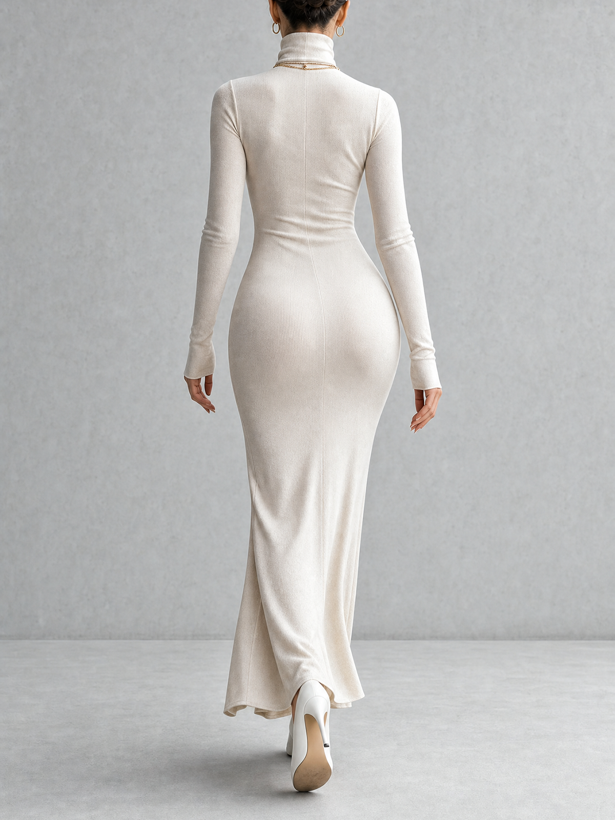 Beige Turtleneck Ruched Side Slit Mermaid Maxi Dress